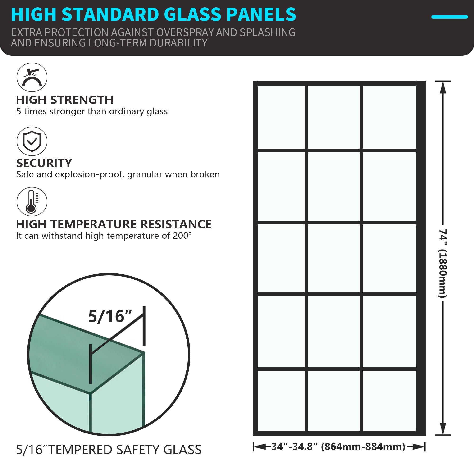 34" W x 74" H Walk-in Framed Grid Fixed Shower Panel with 5/16" (8 mm) Clear Tempered Glass, Matte Black