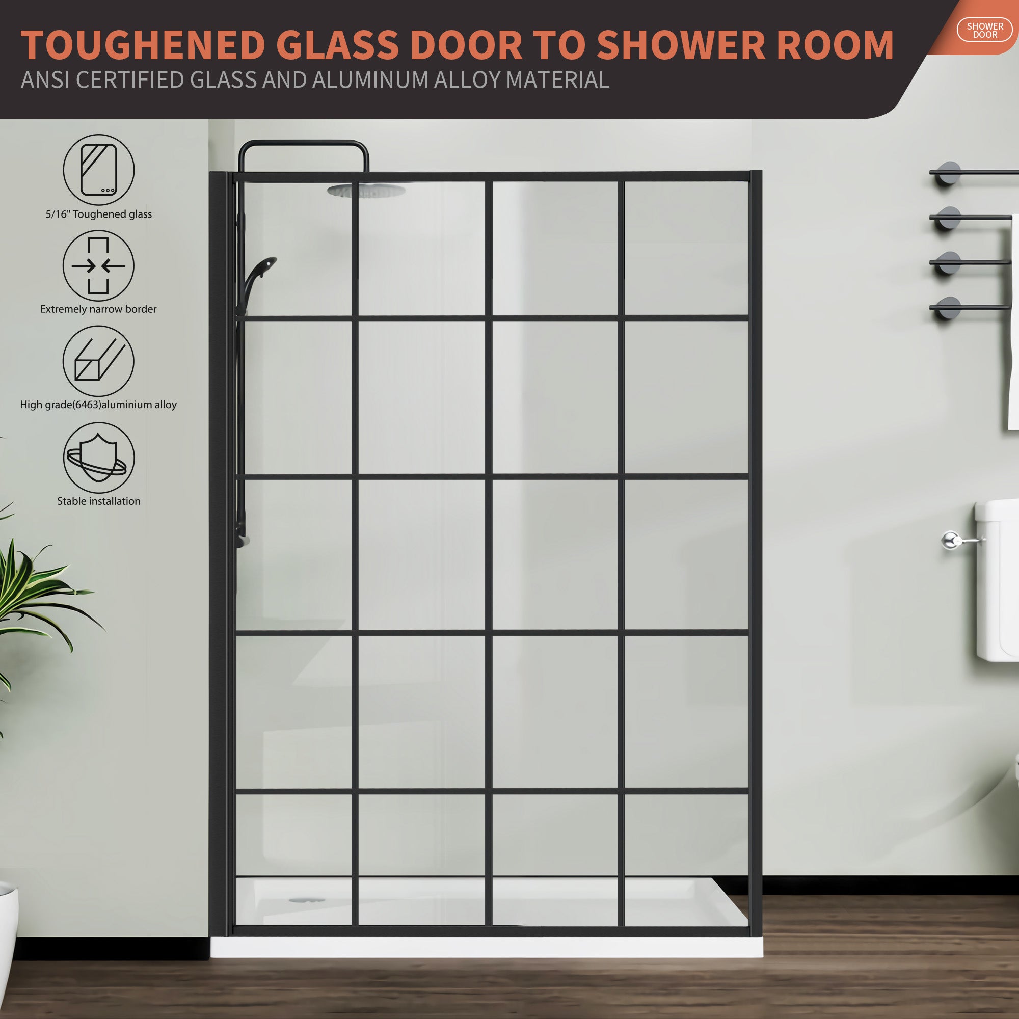 48" W x 74" H Walk-in Framed Grid Fixed Shower Panel with 5/16" (8 mm) Clear Tempered Glass, Matte Black