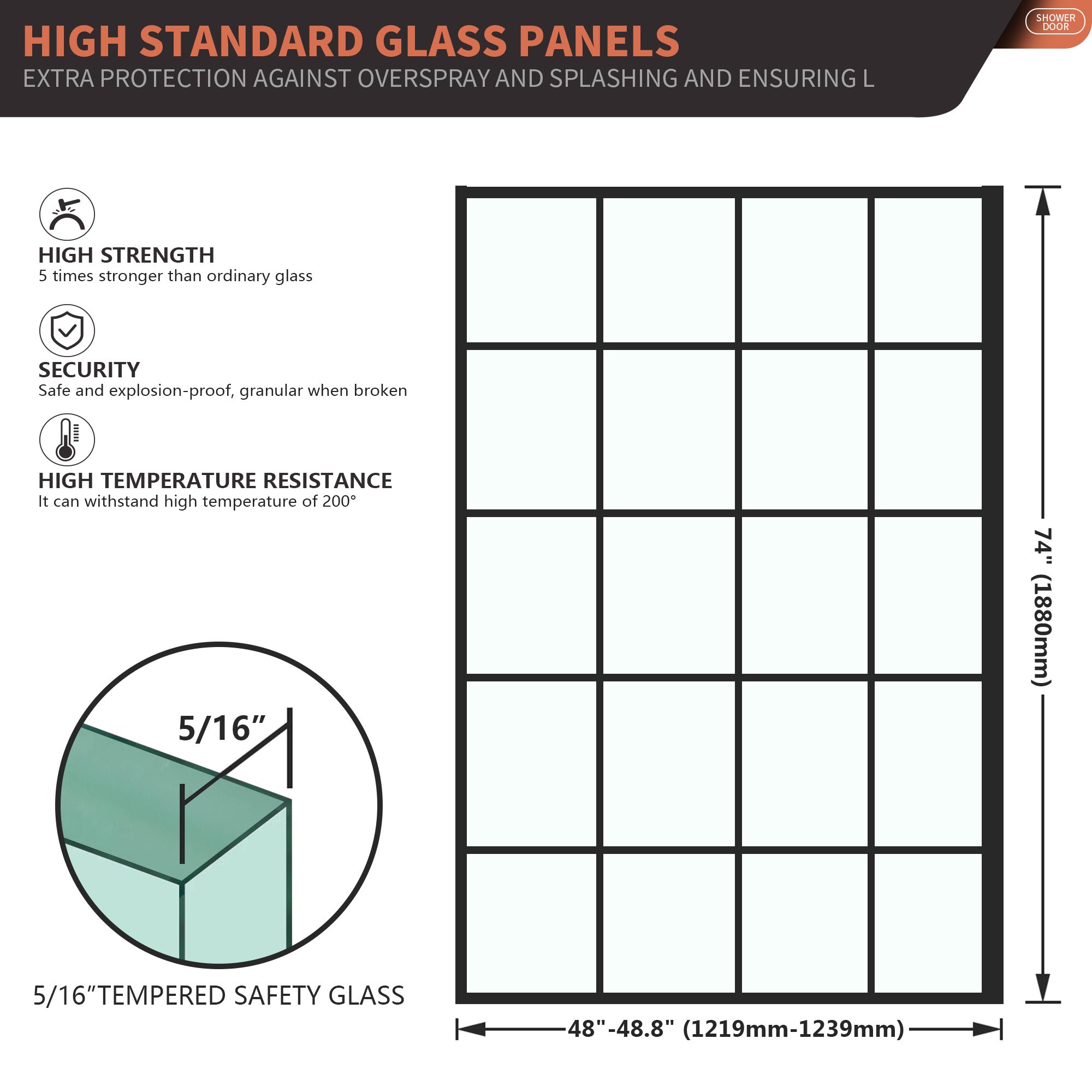 48" W x 74" H Walk-in Framed Grid Fixed Shower Panel with 5/16" (8 mm) Clear Tempered Glass, Matte Black