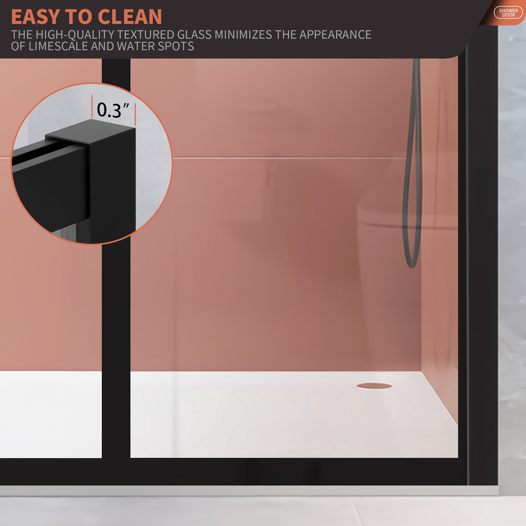 48" W x 74" H Walk-in Framed Grid Fixed Shower Panel with 5/16" (8 mm) Clear Tempered Glass, Matte Black