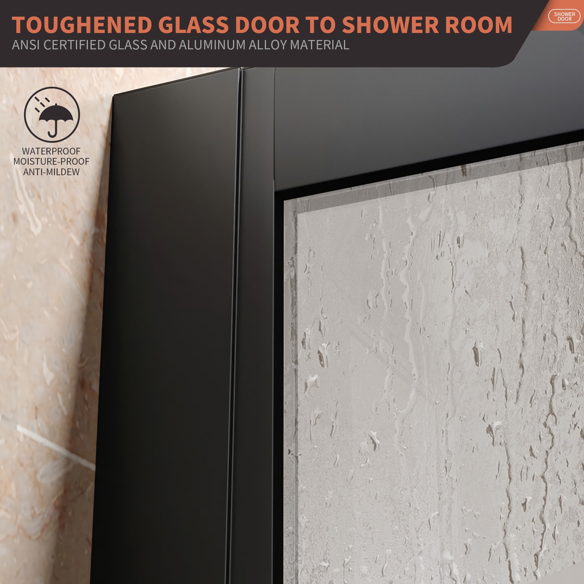 48" W x 74" H Walk-in Framed Grid Fixed Shower Panel with 5/16" (8 mm) Clear Tempered Glass, Matte Black