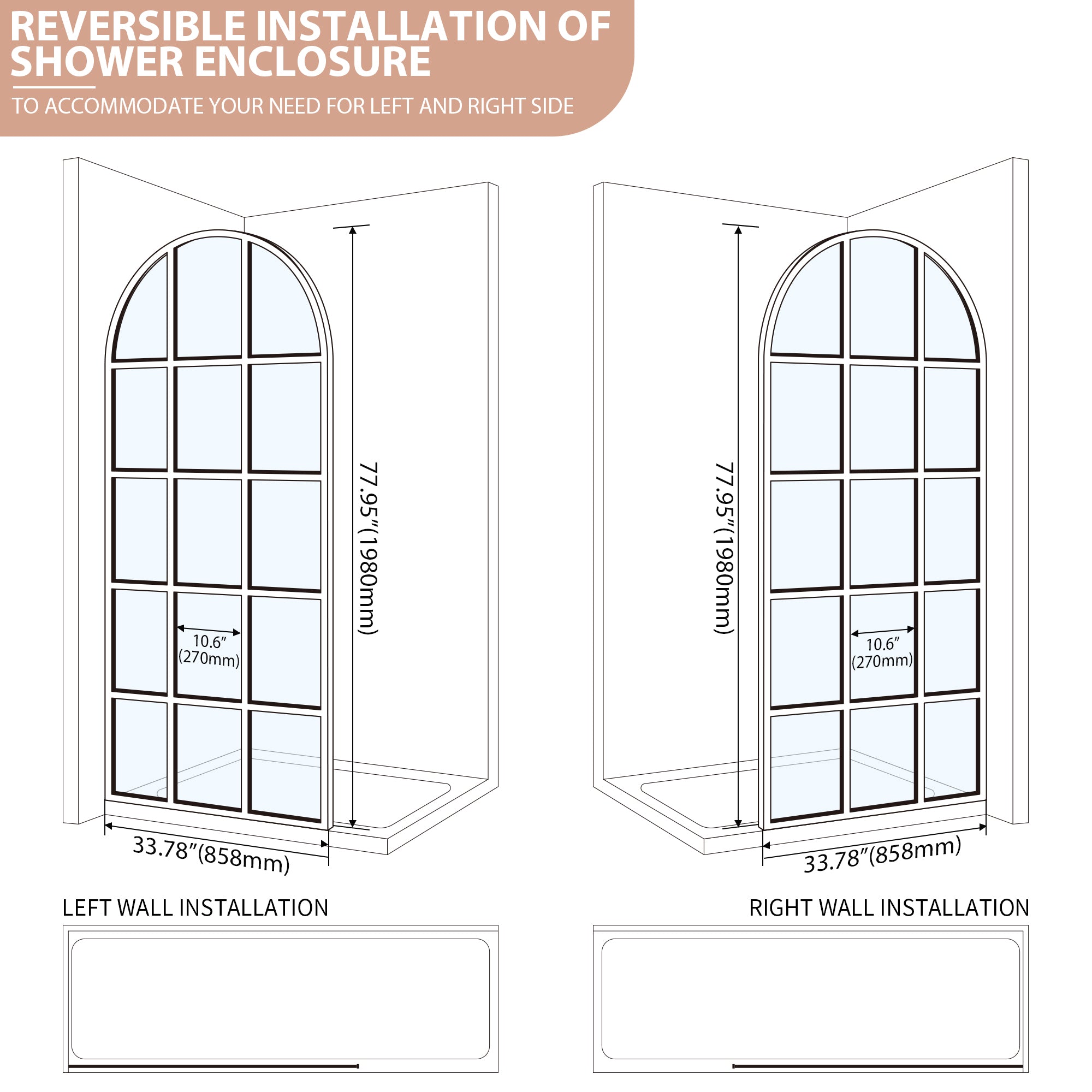34" W x 74" H Framed Fixed Grid Shower Screen with Arched Top, 5/16" (8 mm) Clear Tempered Glass, Matte Black