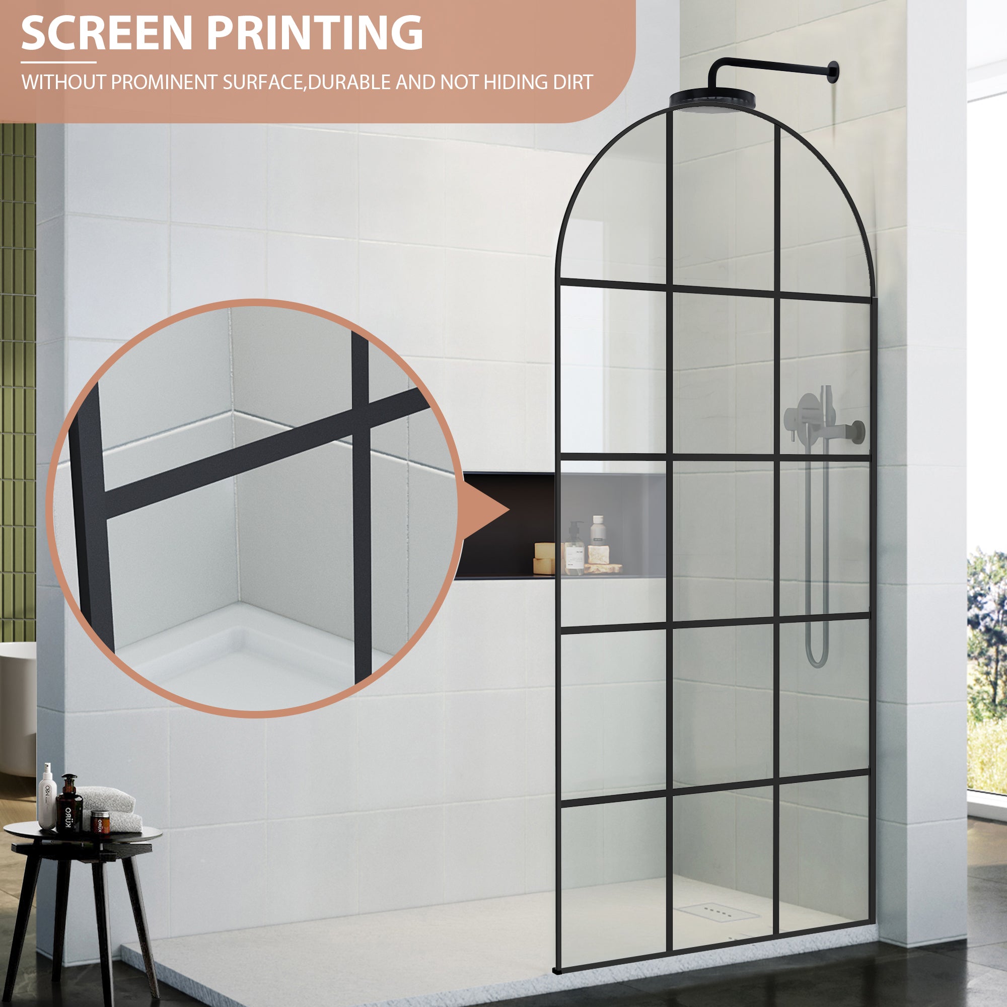 34" W x 74" H Framed Fixed Grid Shower Screen with Arched Top, 5/16" (8 mm) Clear Tempered Glass, Matte Black