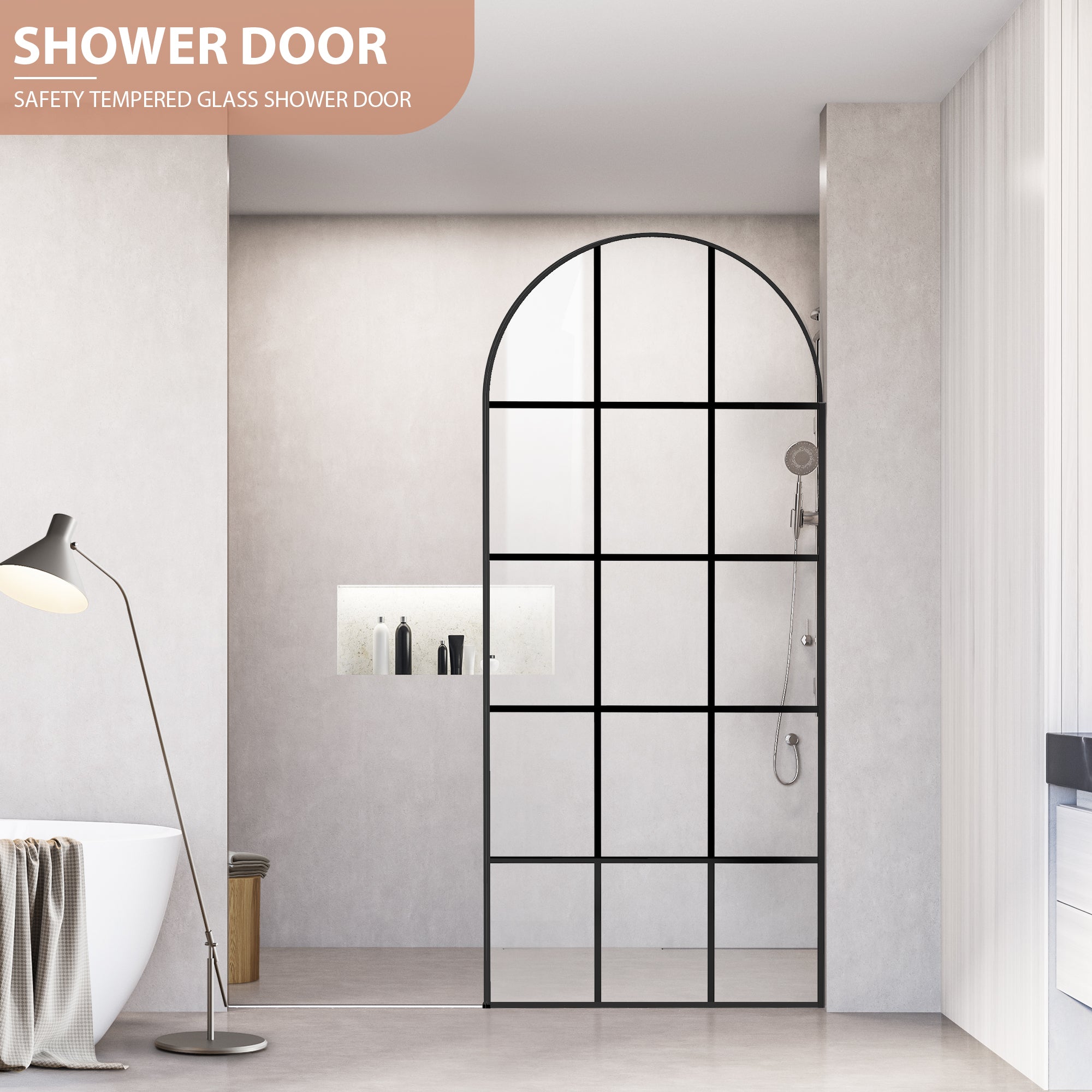 34" W x 74" H Framed Fixed Grid Shower Screen with Arched Top, 5/16" (8 mm) Clear Tempered Glass, Matte Black