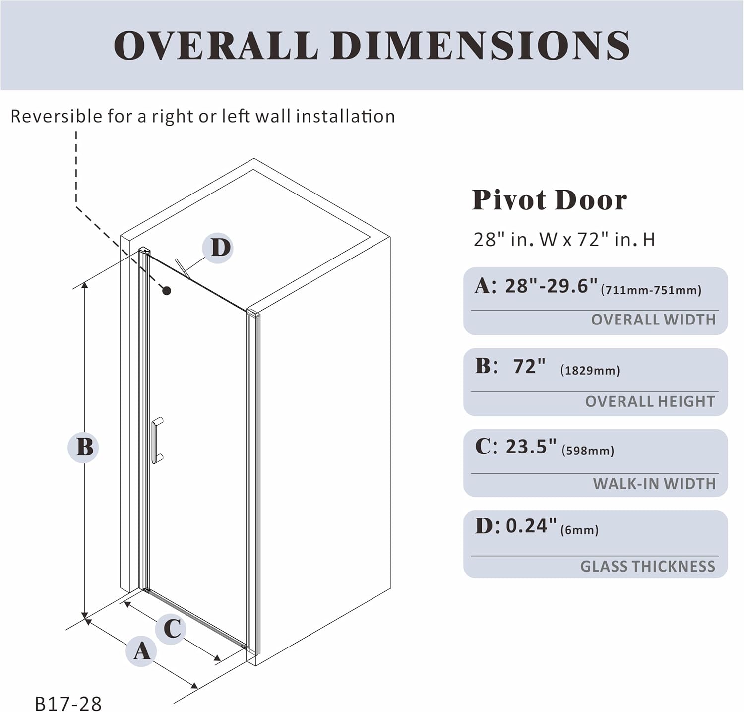 28" - 36" x 72" Pivot Shower Door with 1/4" (6mm) Clear Tempered Glass and 180° Pivoting, Brushed Nickel - Shower Door - AquivaCoast Showers - 28x72 - 30x72 #Size_28" x 72"