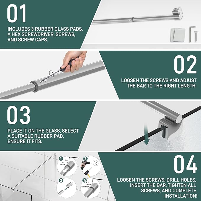 Round Wall - to - Glass Support Bar with Square Contoured Clamp LG - 02 - Wall - to - Glass Support Bar - AquivaCoast Showers - Wall - to - Glass Support Bar -