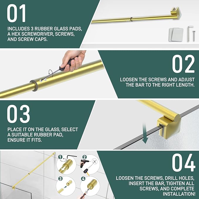 Round Wall - to - Glass Support Bar with Square Contoured Clamp LG - 02 - Wall - to - Glass Support Bar - AquivaCoast Showers - Wall - to - Glass Support Bar - #Color_Brushed Gold