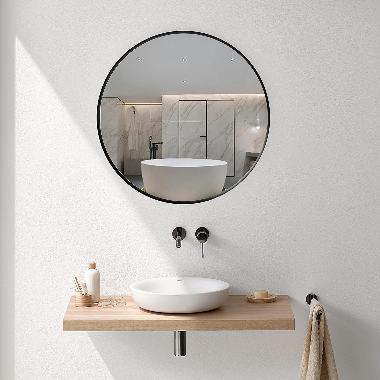 23.6 - inch, Hanging Mirror for Bathroom Bedroom Living - Room Vanity - Mirror - AquivaCoast Showers - bathroom mirror - black frame mirror - circle mirror