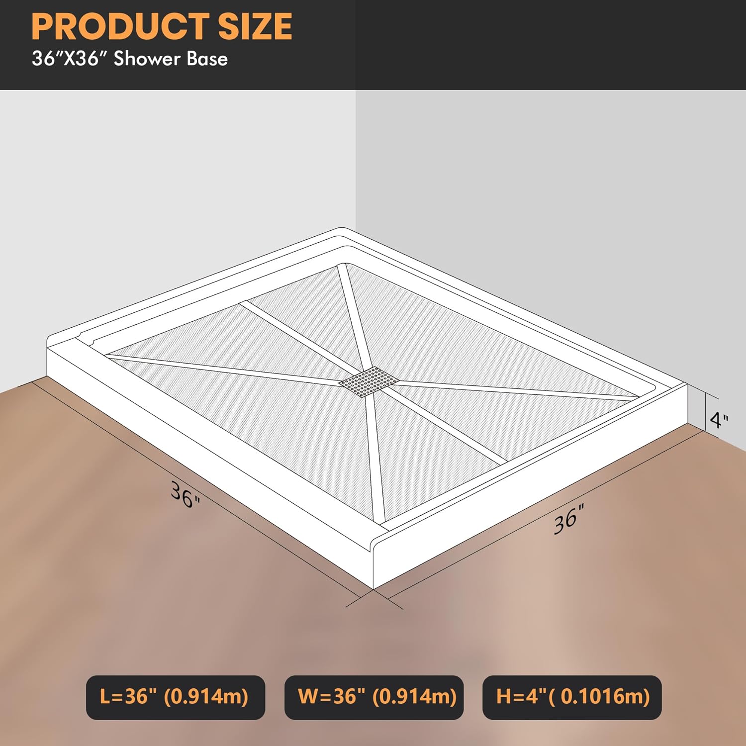 Single Threshold, Center Drain Shower Pan Base #Size_36"L × 36"W × 4"H