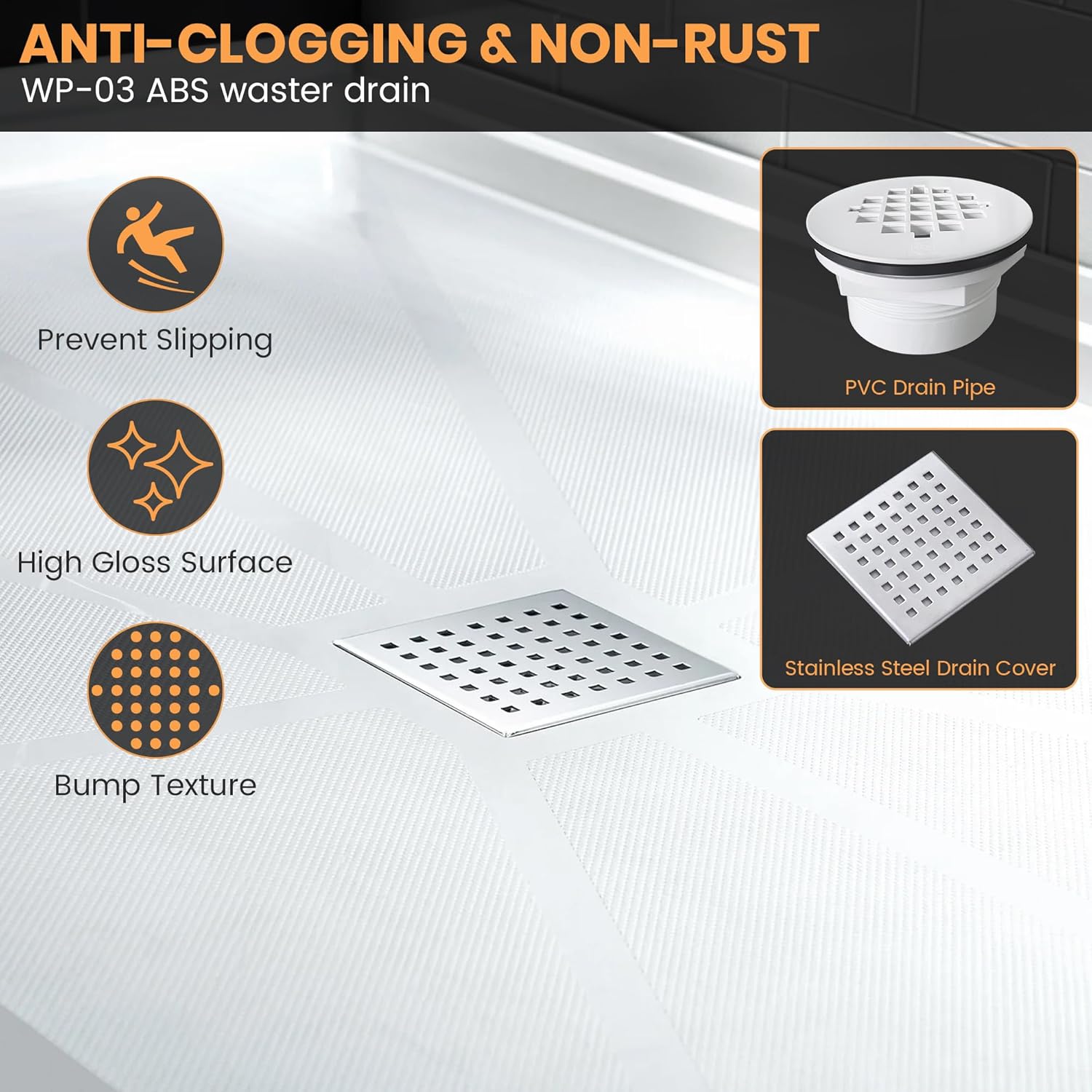 Single Threshold, Center Drain Shower Pan Base #Size_36"L × 36"W × 4"H