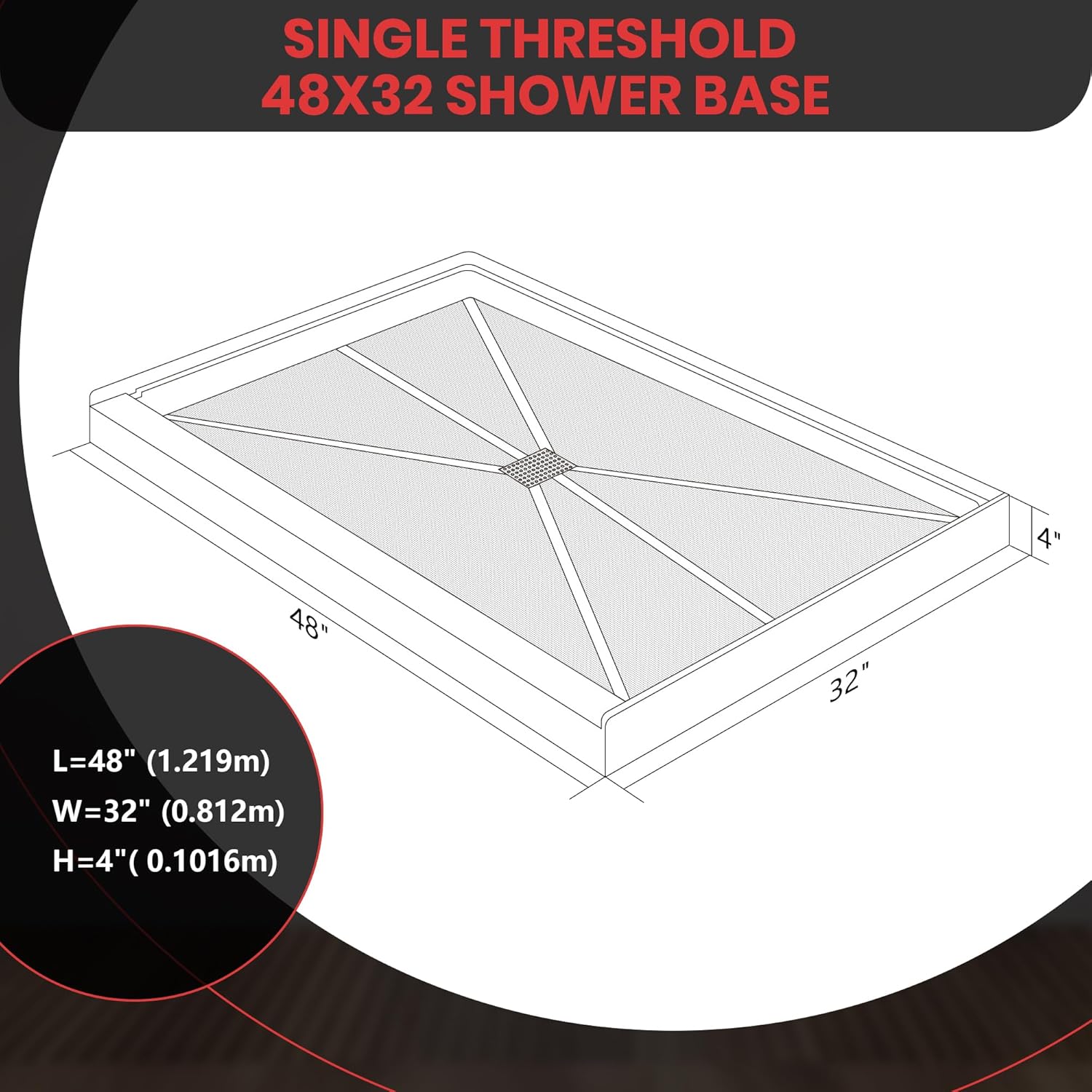 Single Threshold, Center Drain Shower Pan Base #Size_48"L × 32"W × 4"H