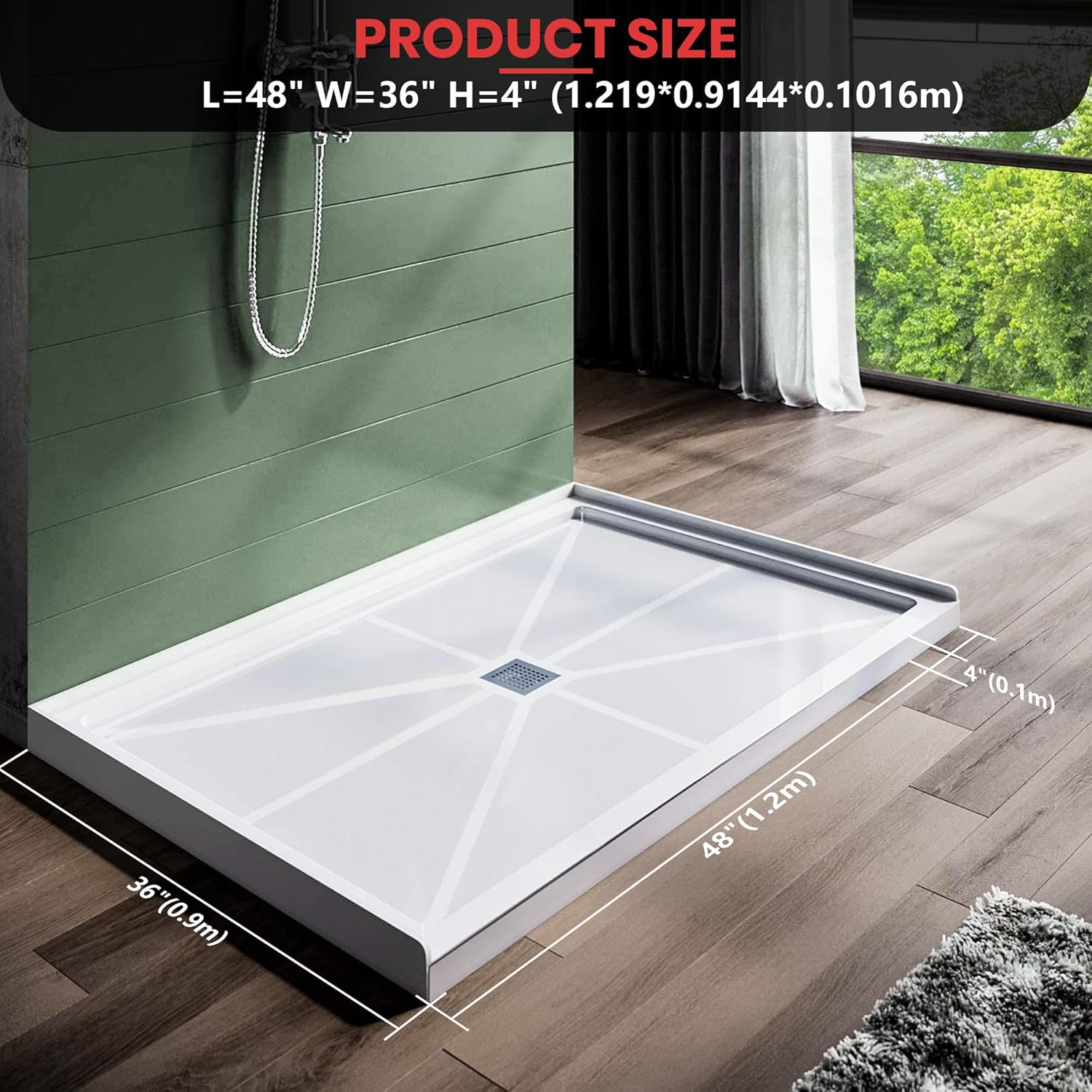 Single Threshold, Center Drain Shower Pan Base #Size_48"L × 36"W × 4"H