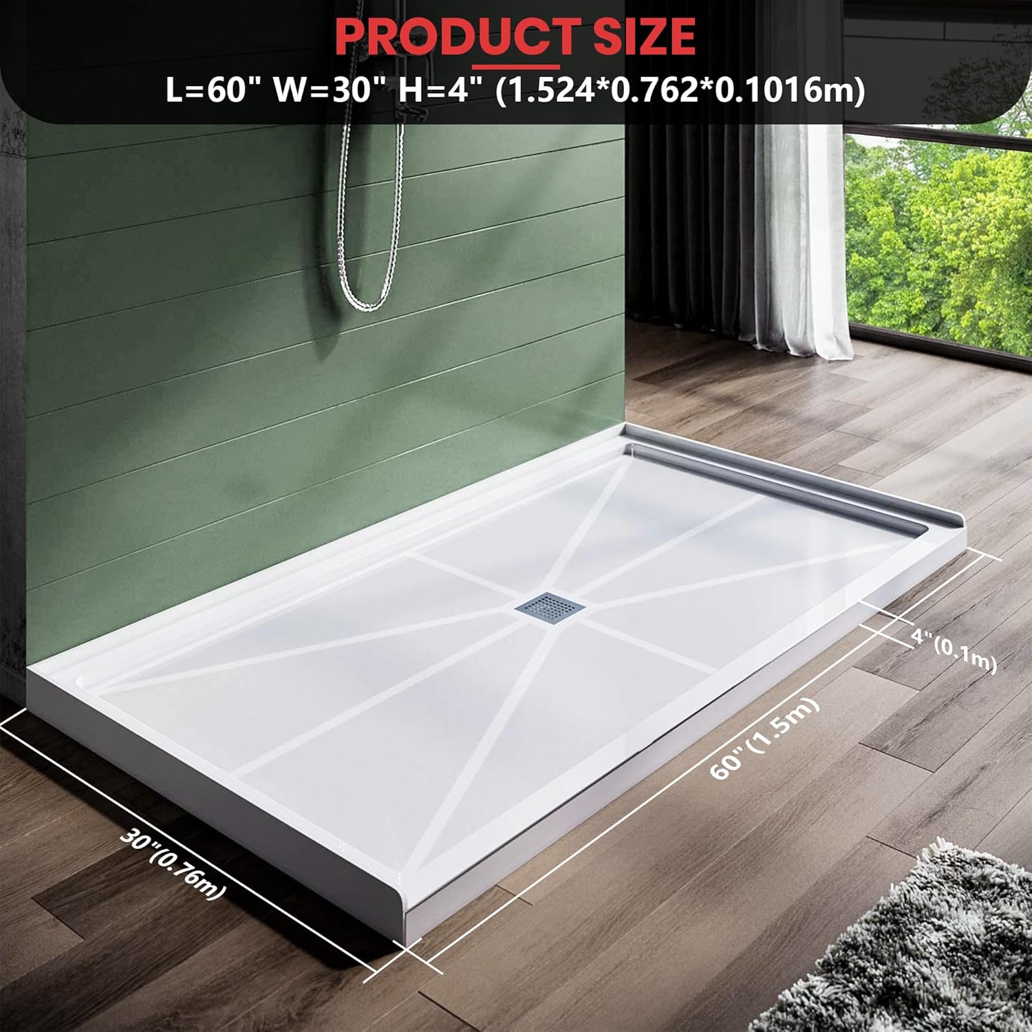 Single Threshold, Center Drain Shower Pan Base #Size_60"L × 30"W × 4"H