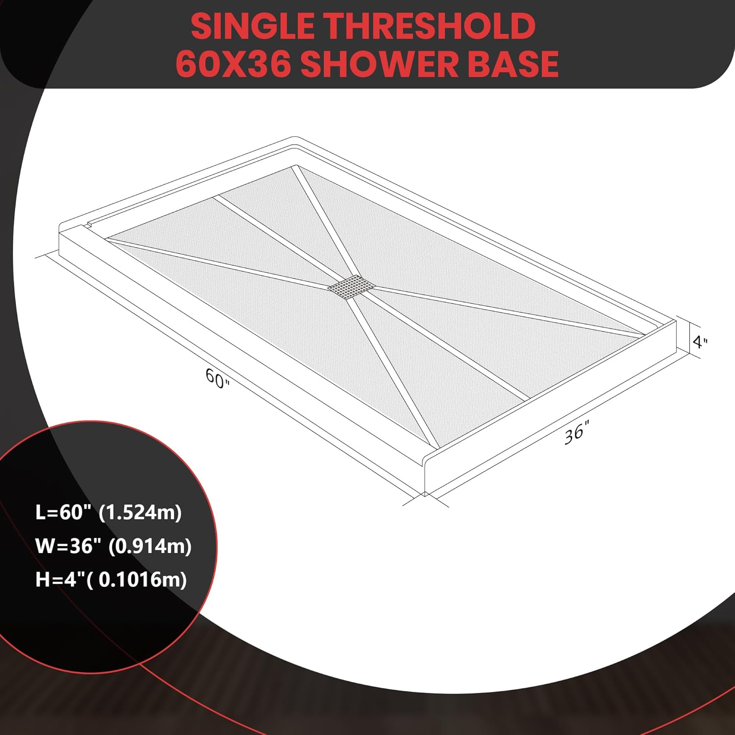 Single Threshold, Center Drain Shower Pan Base #Size_60"L × 36"W × 4"H