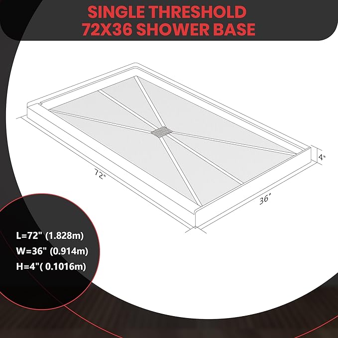 Single Threshold, Center Drain Shower Pan Base #Size_72"L × 36"W × 4"H