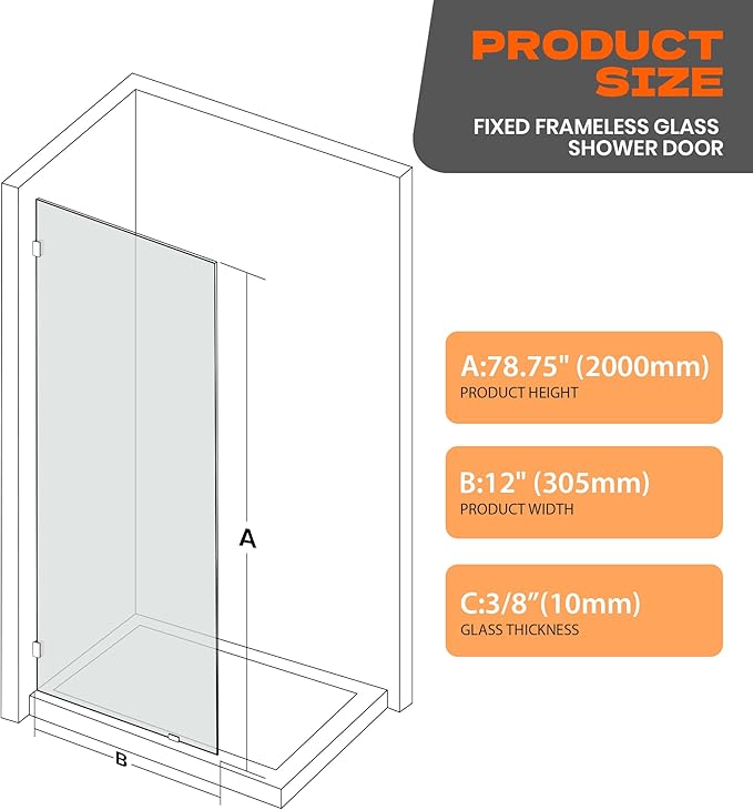 10"/12"/20.5"/30.5"/34"/35"/36" x 74"/78.75" Frameless Shower Screen #Size_12" x 78.75"