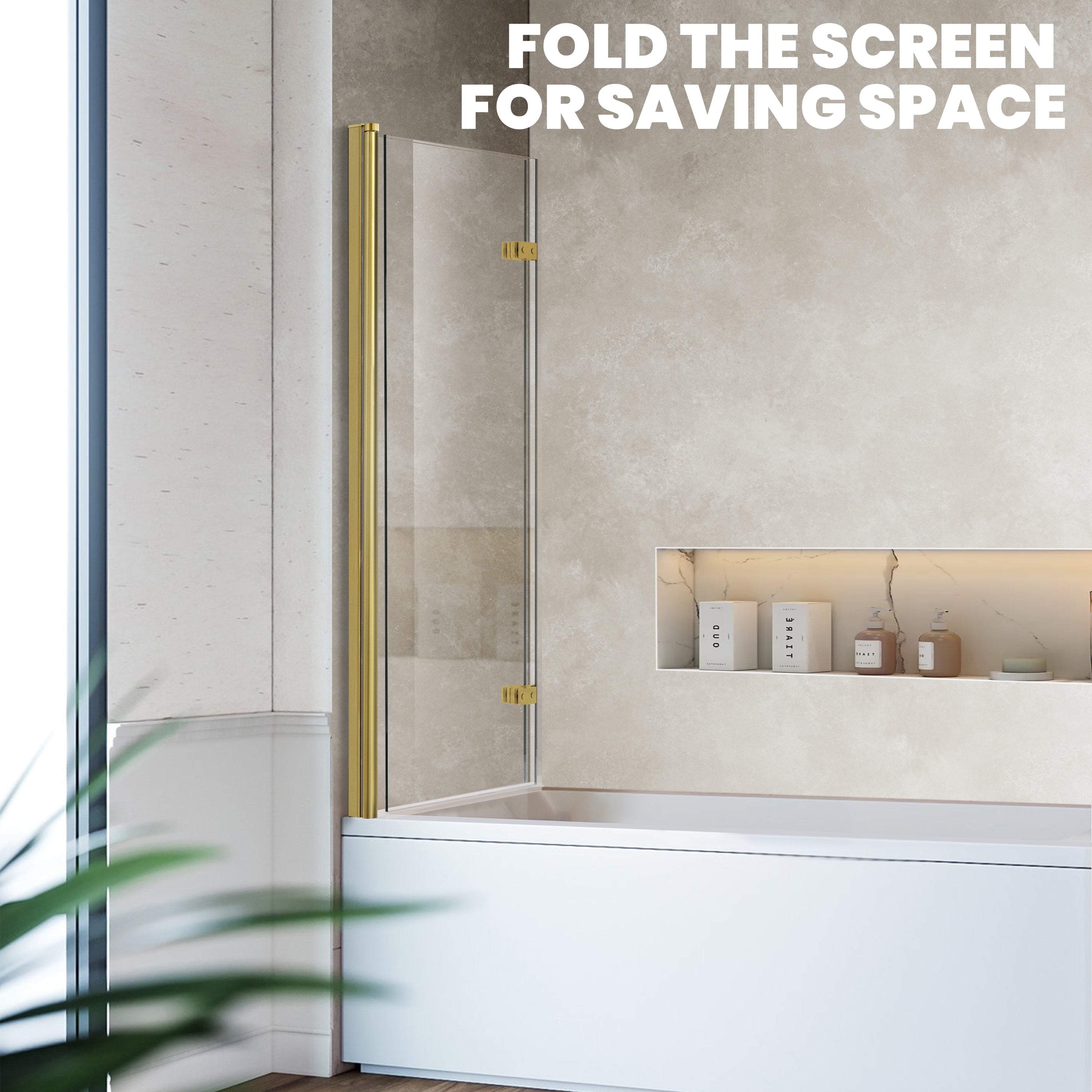30" W x 55" H Frameless  Bi-Fold Hinged Bathtub Door with 1/4" (6 mm) Clear Glass and 180° Pivoting, Brushed Gold