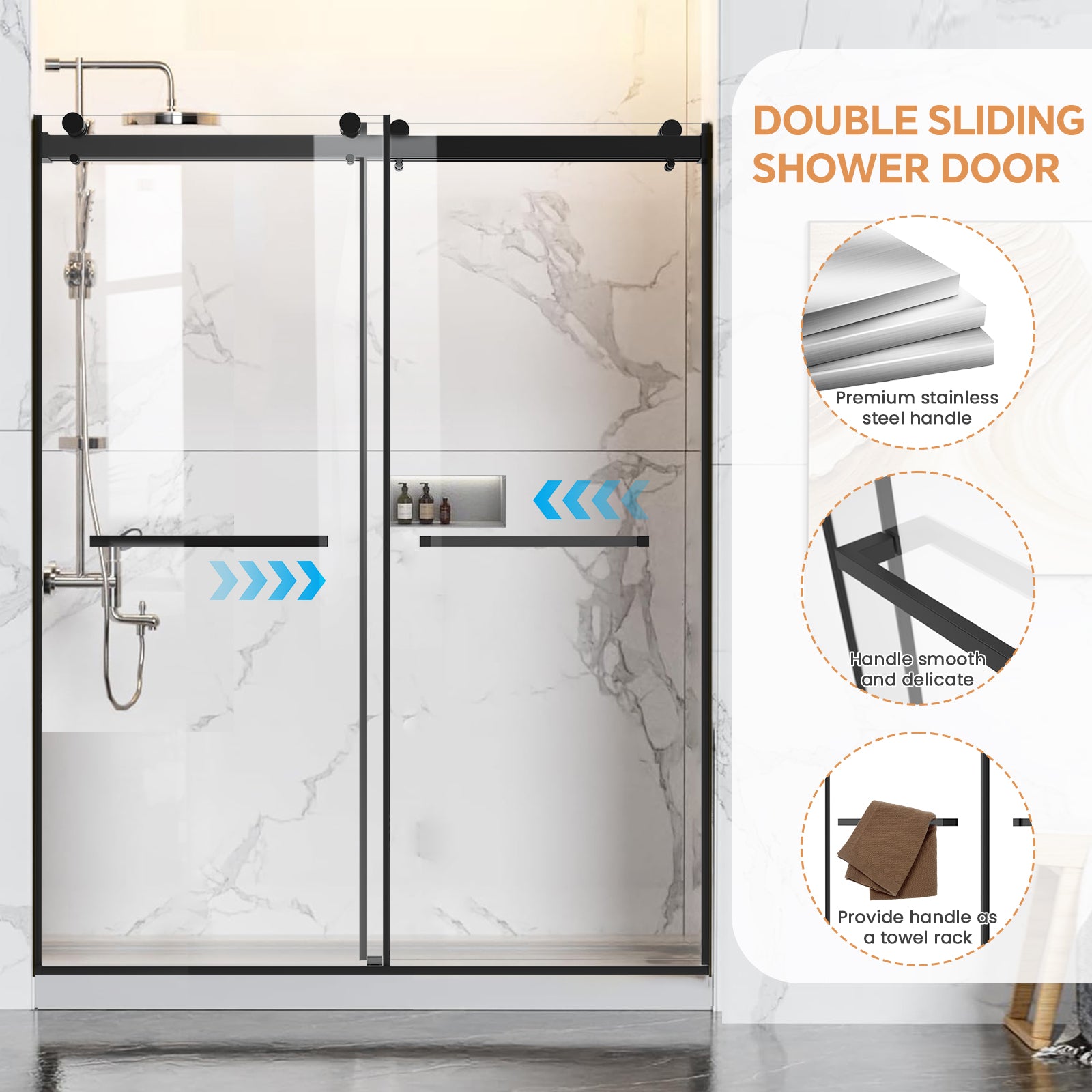 60" W x 76" H Semi-Frameless Double Sliding Bypass Shower Door with 5/16" (8 mm)  Easy-Clean Tempered Glass and Towel Bar #Color_Matte Black