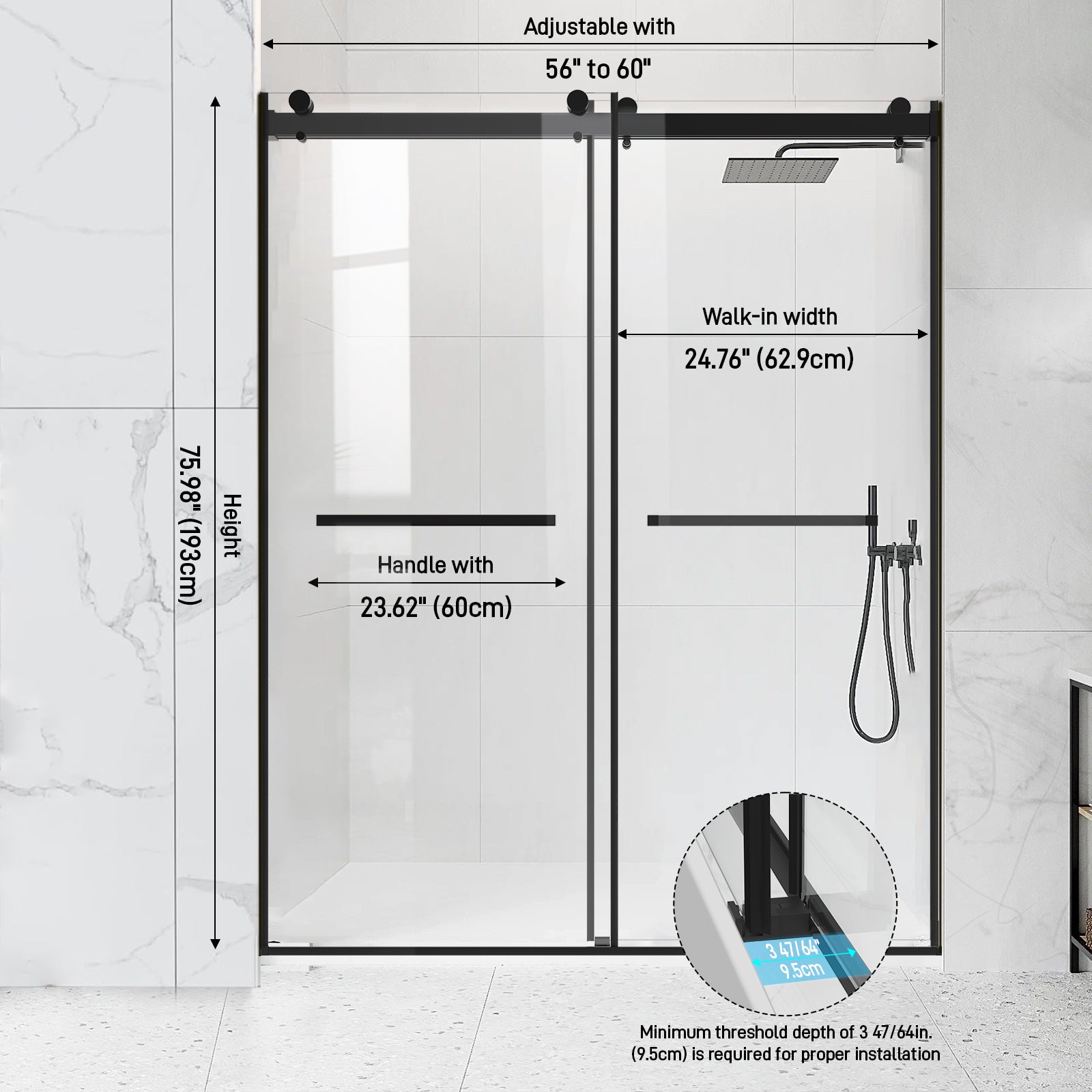 60" W x 76" H Semi-Frameless Double Sliding Bypass Shower Door with 5/16" (8 mm)  Easy-Clean Tempered Glass and Towel Bar #Color_Matte Black