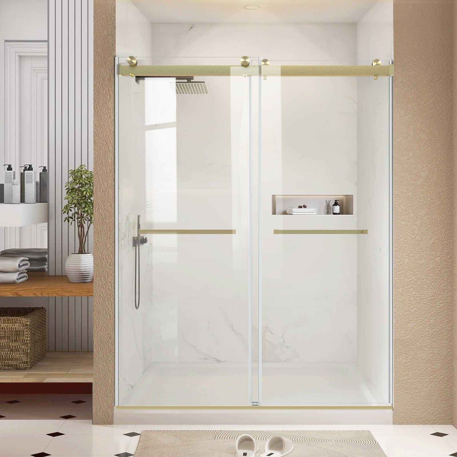 60" W x 76" H Semi-Frameless Double Sliding Bypass Shower Door with 5/16" (8 mm)  Easy-Clean Tempered Glass and Towel Bar #Color_Brushed Gold