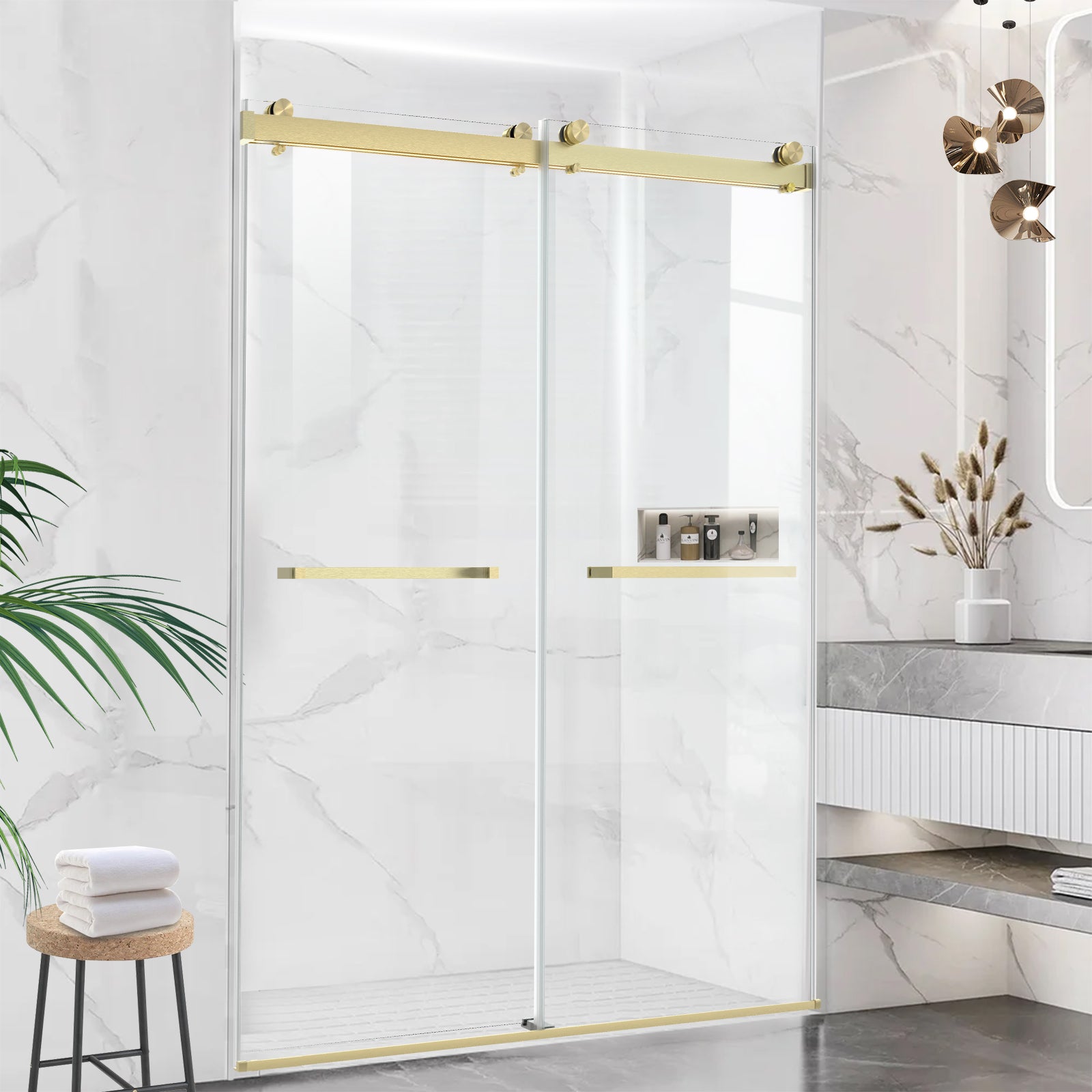 60" W x 76" H Semi-Frameless Double Sliding Bypass Shower Door with 5/16" (8 mm)  Easy-Clean Tempered Glass and Towel Bar #Color_Brushed Gold