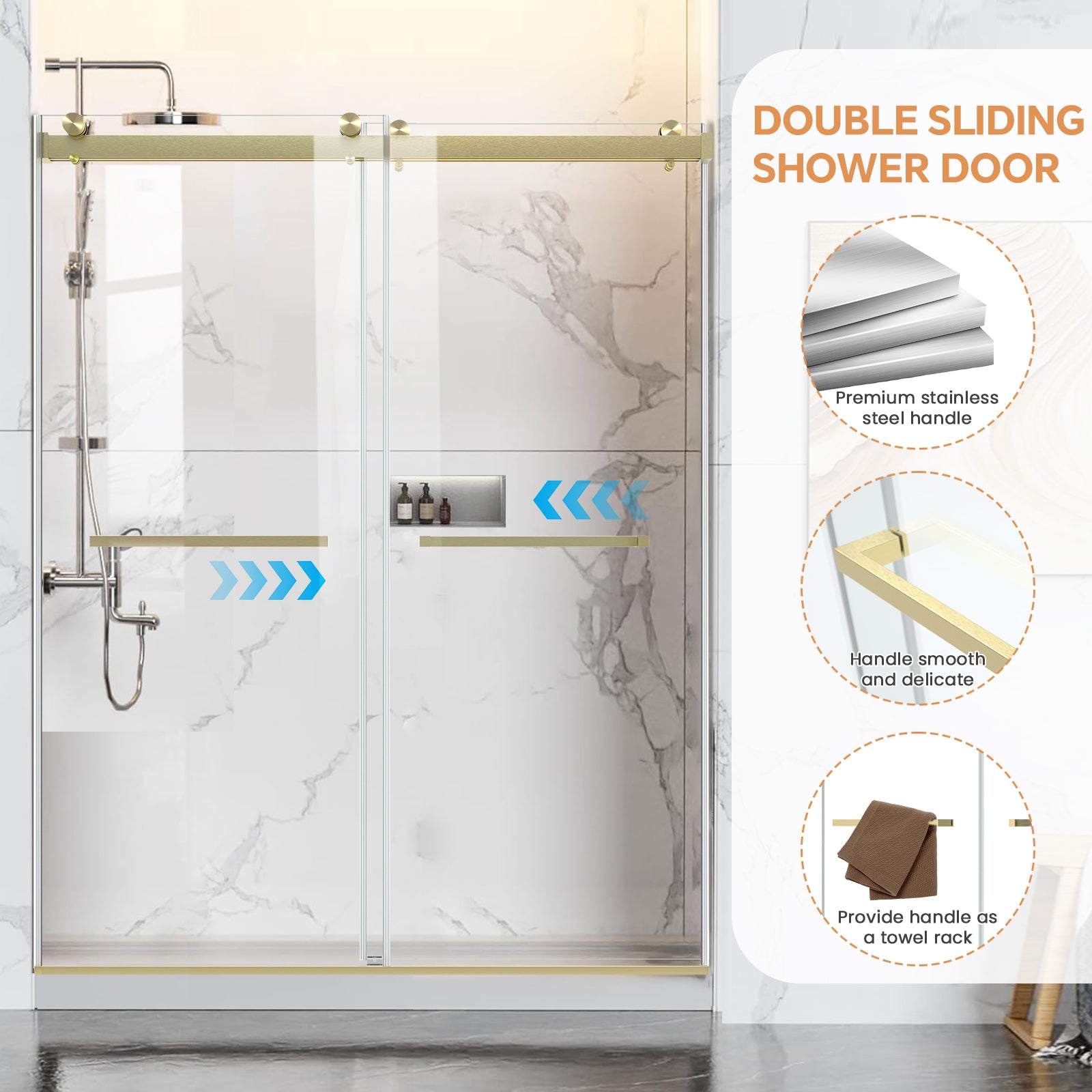60" W x 76" H Semi-Frameless Double Sliding Bypass Shower Door with 5/16" (8 mm)  Easy-Clean Tempered Glass and Towel Bar #Color_Brushed Gold