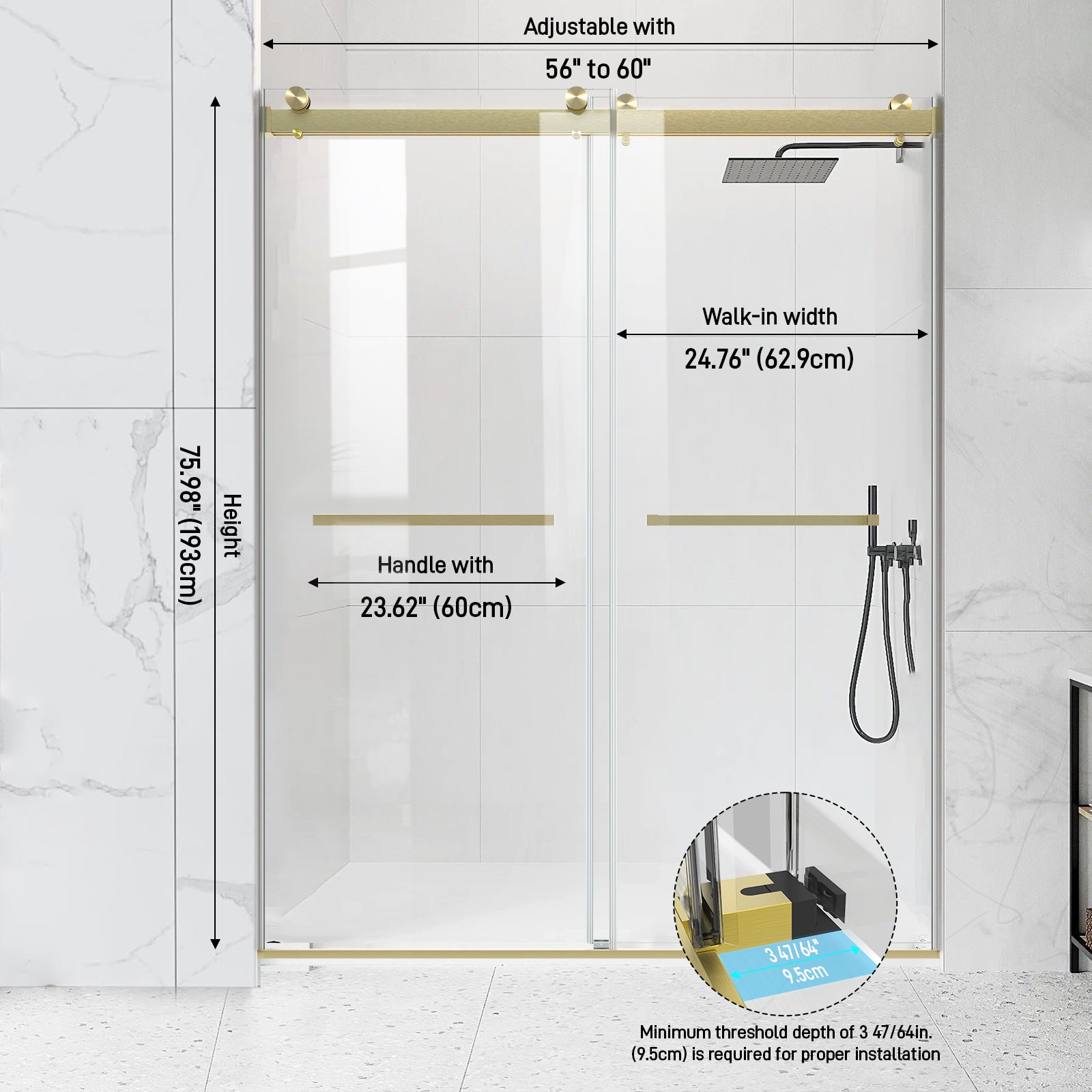 60" W x 76" H Semi-Frameless Double Sliding Bypass Shower Door with 5/16" (8 mm)  Easy-Clean Tempered Glass and Towel Bar #Color_Brushed Gold