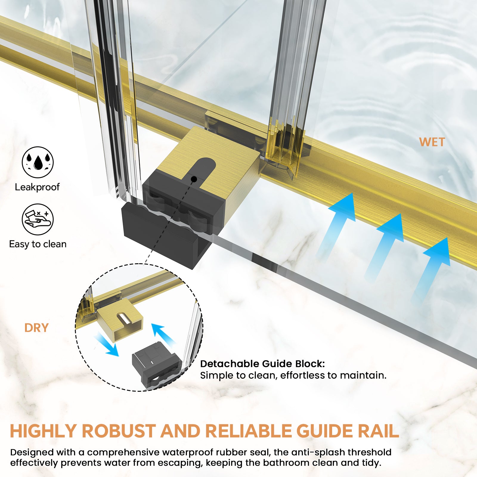 60" W x 76" H Semi-Frameless Double Sliding Bypass Shower Door with 5/16" (8 mm)  Easy-Clean Tempered Glass and Towel Bar #Color_Brushed Gold
