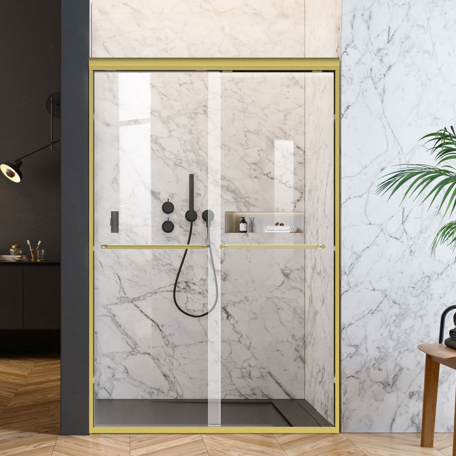 56" - 60" W x 72" H Framed Double Sliding Door with 1/4" (6 mm) Clear Tempered Glass and Towel Bar, Brushed Gold - Shower Door - AquivaCoast Showers - Sliding - 