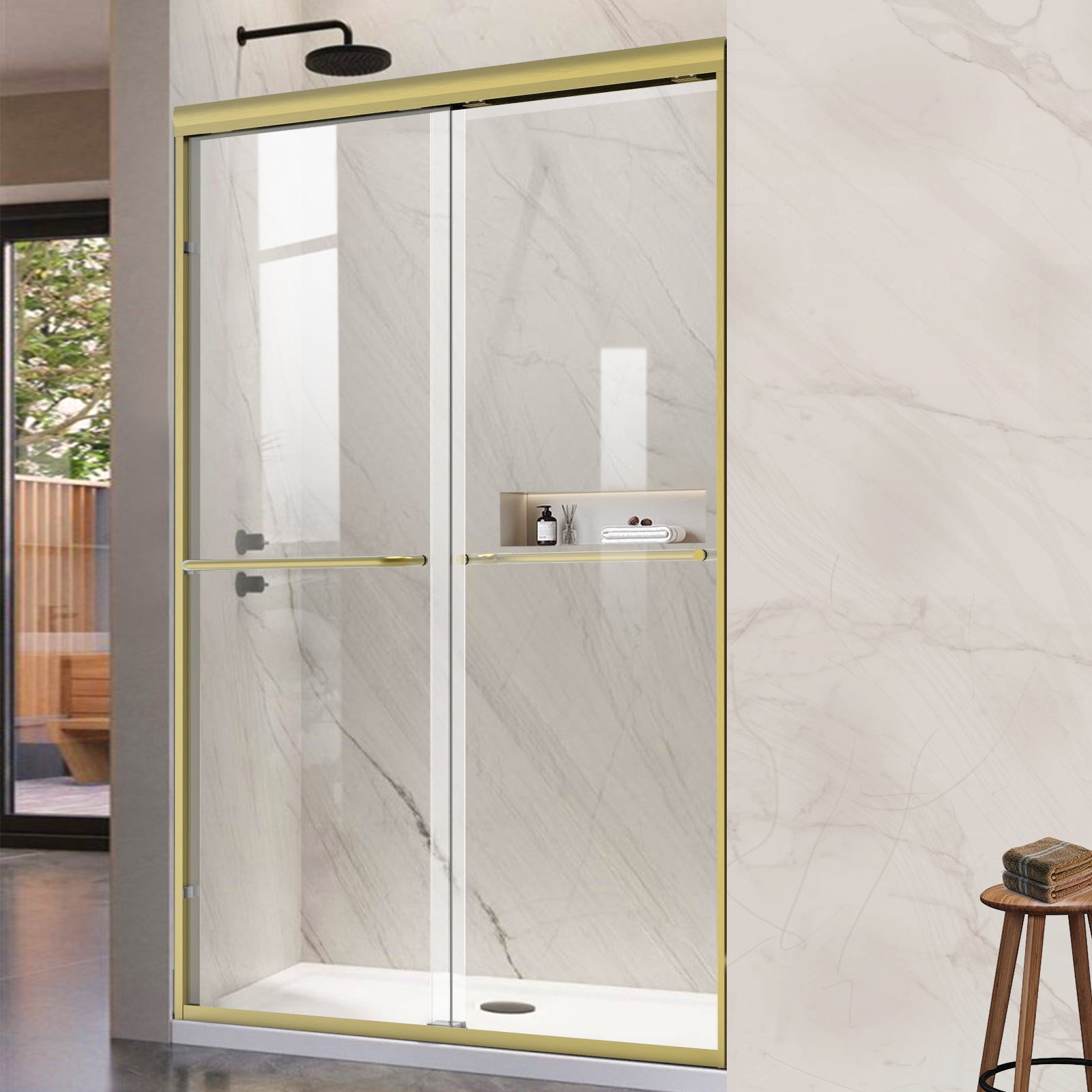 56" - 60" W x 72" H Framed Double Sliding Door with 1/4" (6 mm) Clear Tempered Glass and Towel Bar, Brushed Gold - Shower Door - AquivaCoast Showers - Sliding - 