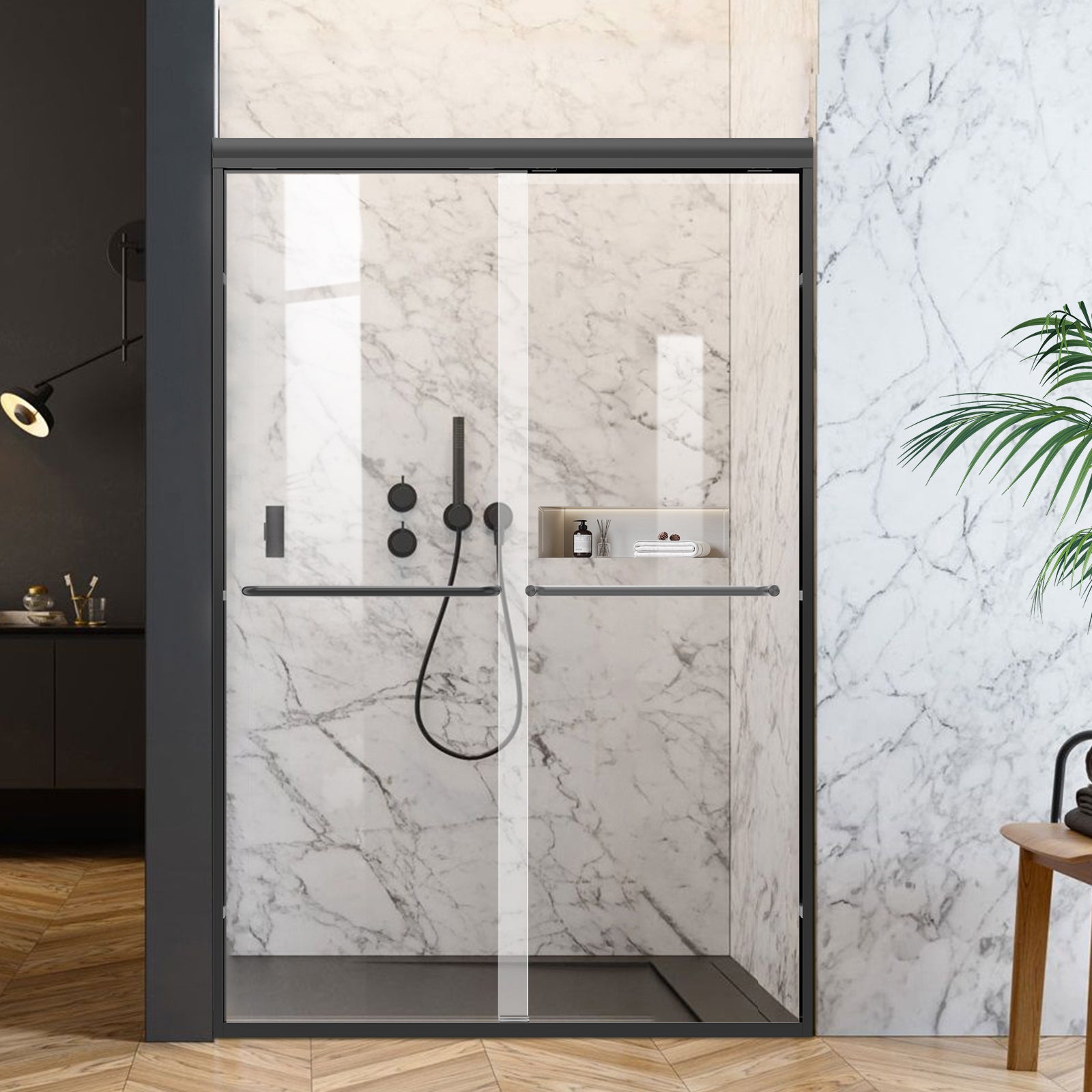 56" - 60" W x 72" H Framed Double Sliding Door with 1/4" (6 mm) Clear Tempered Glass and Towel Bar, Matte Black - Shower Door - AquivaCoast Showers - Sliding - 