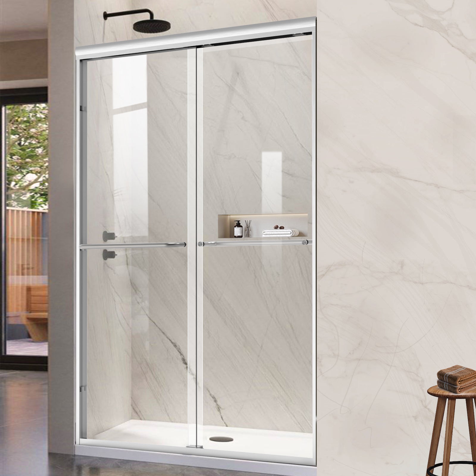 56" - 60" W x 72" H Framed Double Sliding Door with 1/4" (6 mm) Clear Tempered Glass and Towel Bar, Brushed Nickel - Shower Door - AquivaCoast Showers - Sliding - 