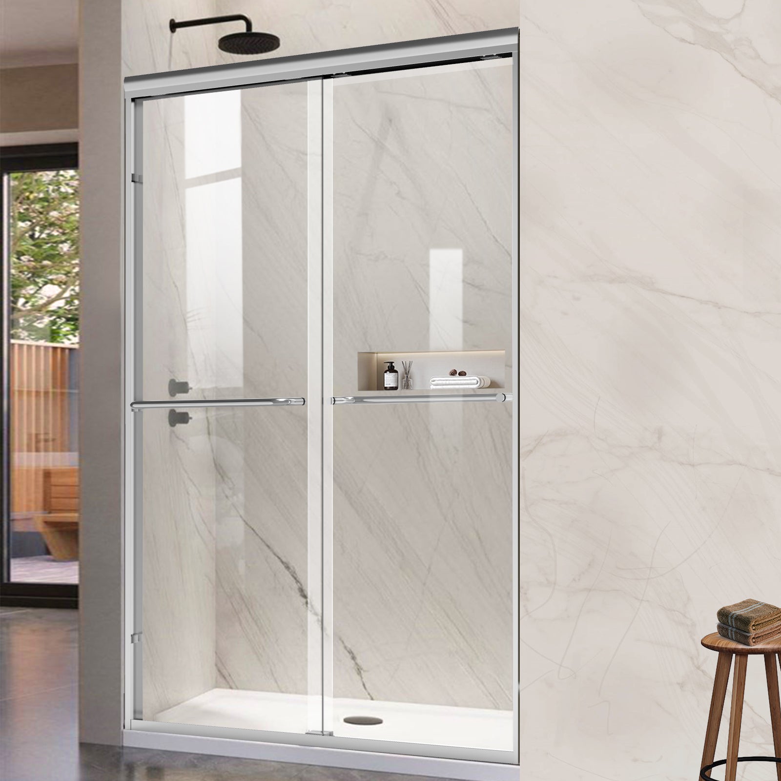 56" - 60" W x 72" H Framed Double Sliding Door with 1/4" (6 mm) Clear Tempered Glass and Towel Bar, Chrome - Shower Door - AquivaCoast Showers - Sliding - 
