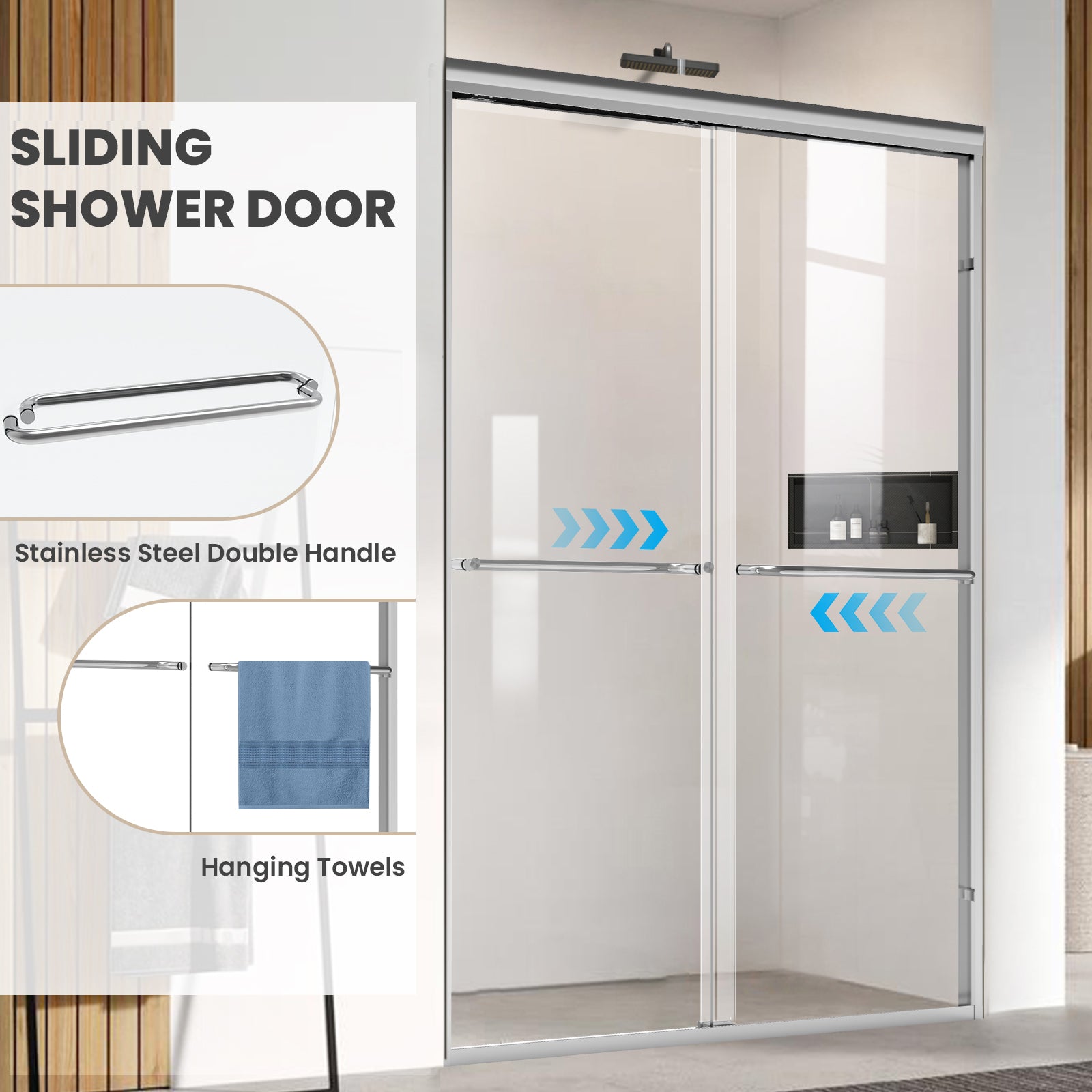 56" - 60" W x 72" H Framed Double Sliding Door with 1/4" (6 mm) Clear Tempered Glass and Towel Bar, Chrome - Shower Door - AquivaCoast Showers - Sliding - 