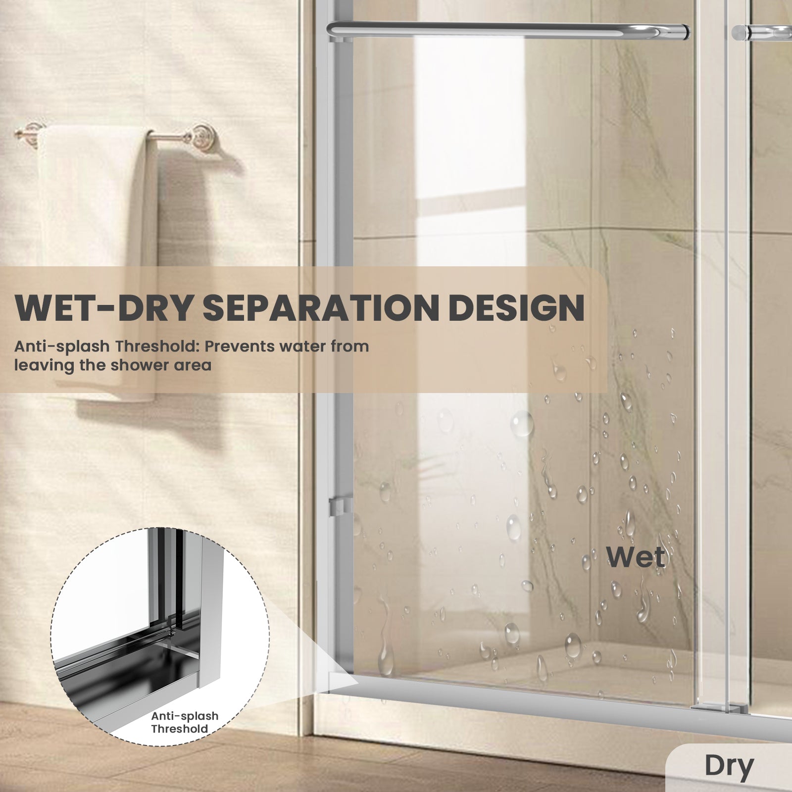 56" - 60" W x 72" H Framed Double Sliding Door with 1/4" (6 mm) Clear Tempered Glass and Towel Bar, Chrome - Shower Door - AquivaCoast Showers - Sliding - 