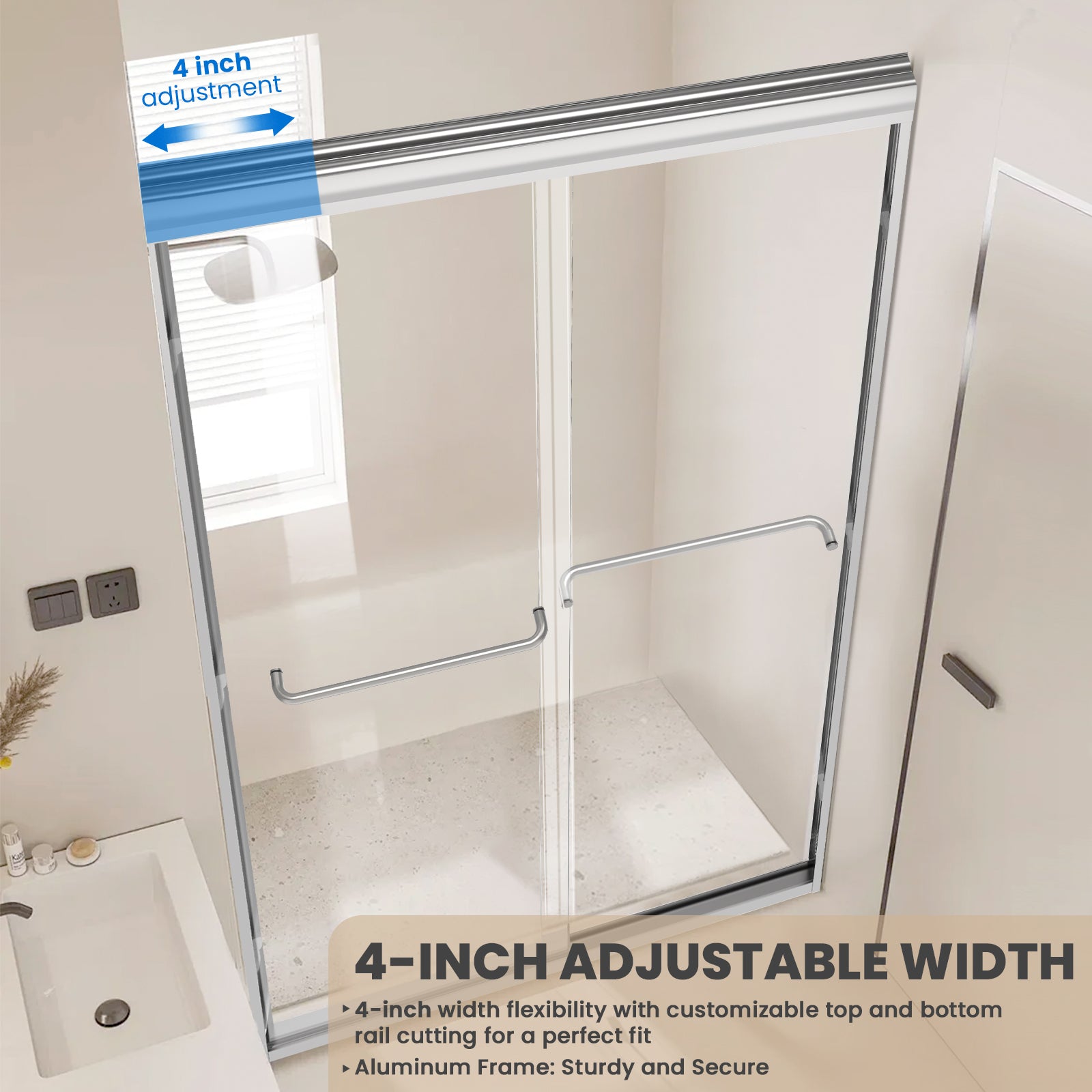 56" - 60" W x 72" H Framed Double Sliding Door with 1/4" (6 mm) Clear Tempered Glass and Towel Bar, Chrome - Shower Door - AquivaCoast Showers - Sliding - 