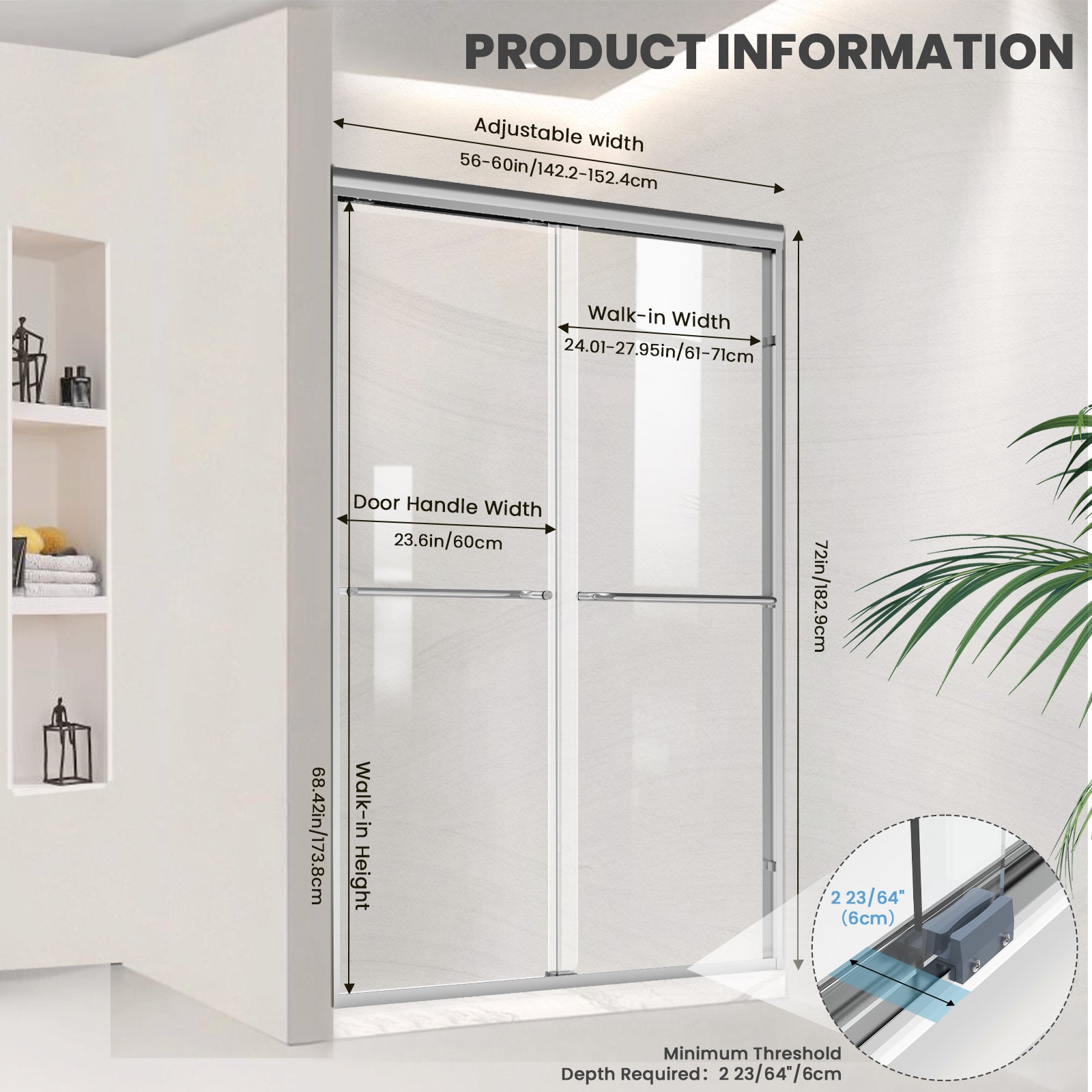 56" - 60" W x 72" H Framed Double Sliding Door with 1/4" (6 mm) Clear Tempered Glass and Towel Bar, Chrome - Shower Door - AquivaCoast Showers - Sliding - 