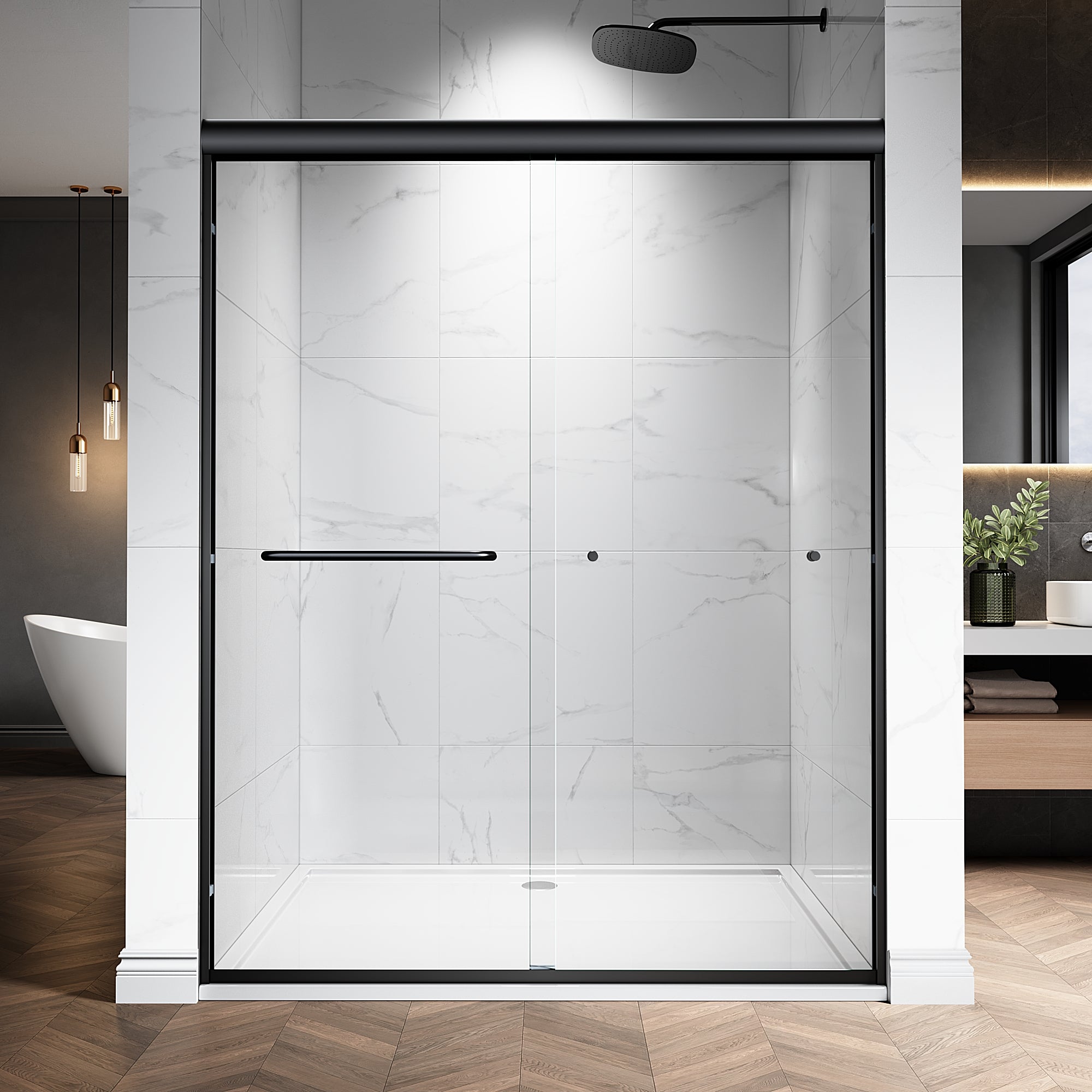 48"/60" W x 72"/76" H Framed Double Sliding Door with 1/4" (6 mm) Clear Tempered Nano Coating Glass and Towel Bar #Color_Matte Black