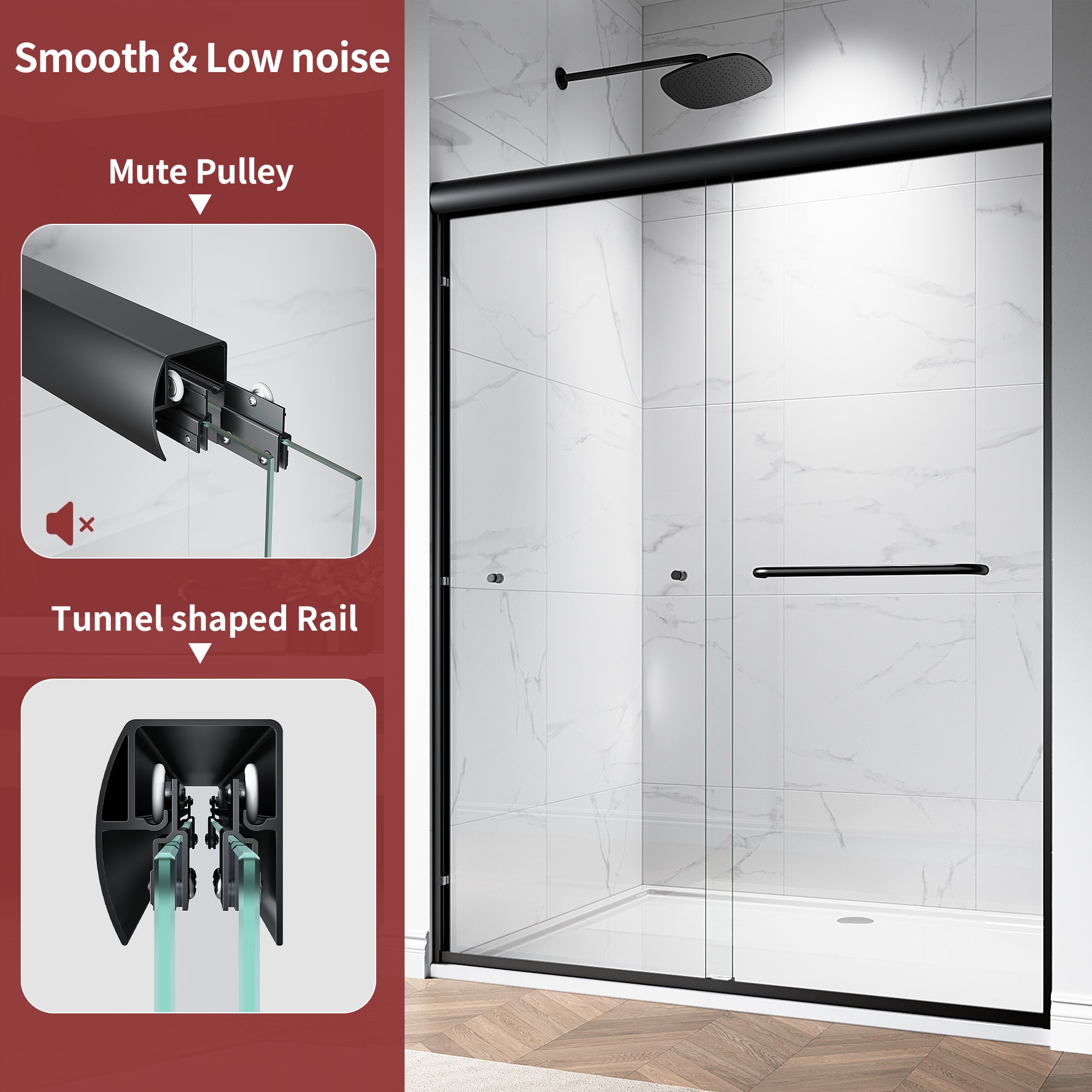 48"/60" W x 72"/76" H Framed Double Sliding Door with 1/4" (6 mm) Clear Tempered Nano Coating Glass and Towel Bar #Color_Matte Black