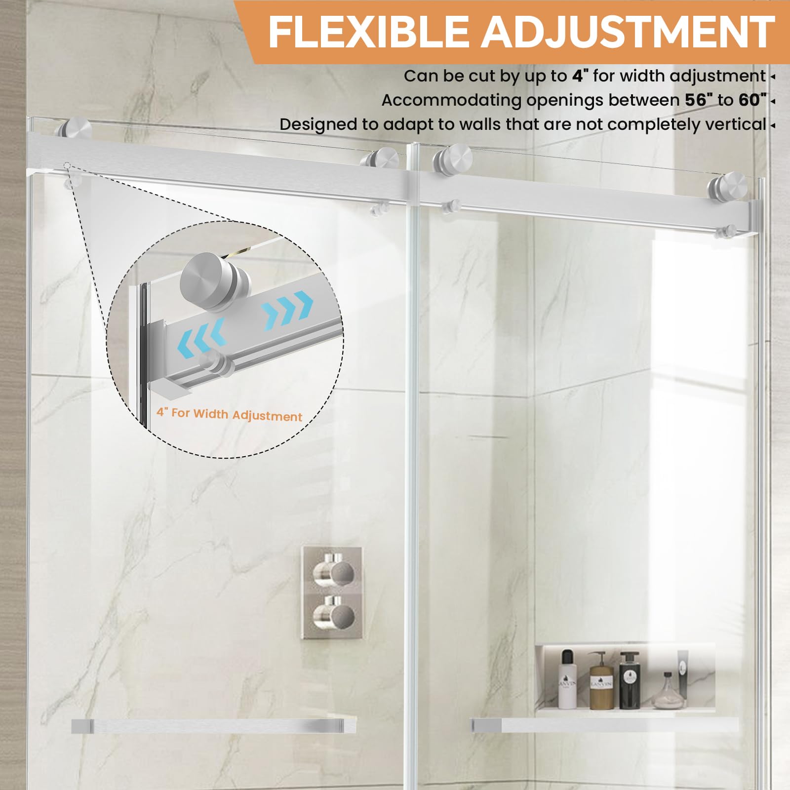 60" W x 76" H Semi-Frameless Double Sliding Bypass Shower Door with 5/16" (8 mm)  Easy-Clean Tempered Glass and Towel Bar #Color_Brushed Nickel