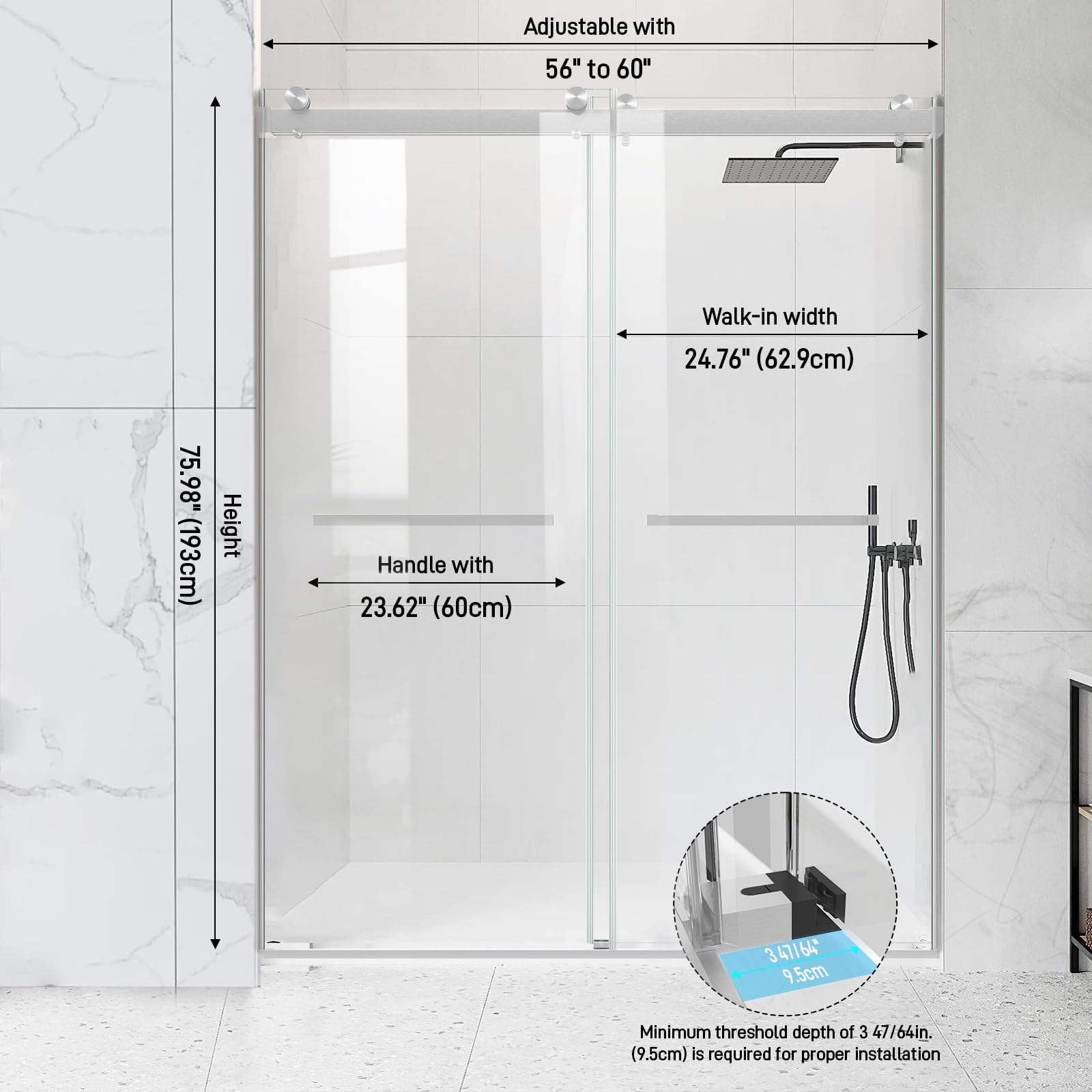 60" W x 76" H Semi-Frameless Double Sliding Bypass Shower Door with 5/16" (8 mm)  Easy-Clean Tempered Glass and Towel Bar #Color_Brushed Nickel