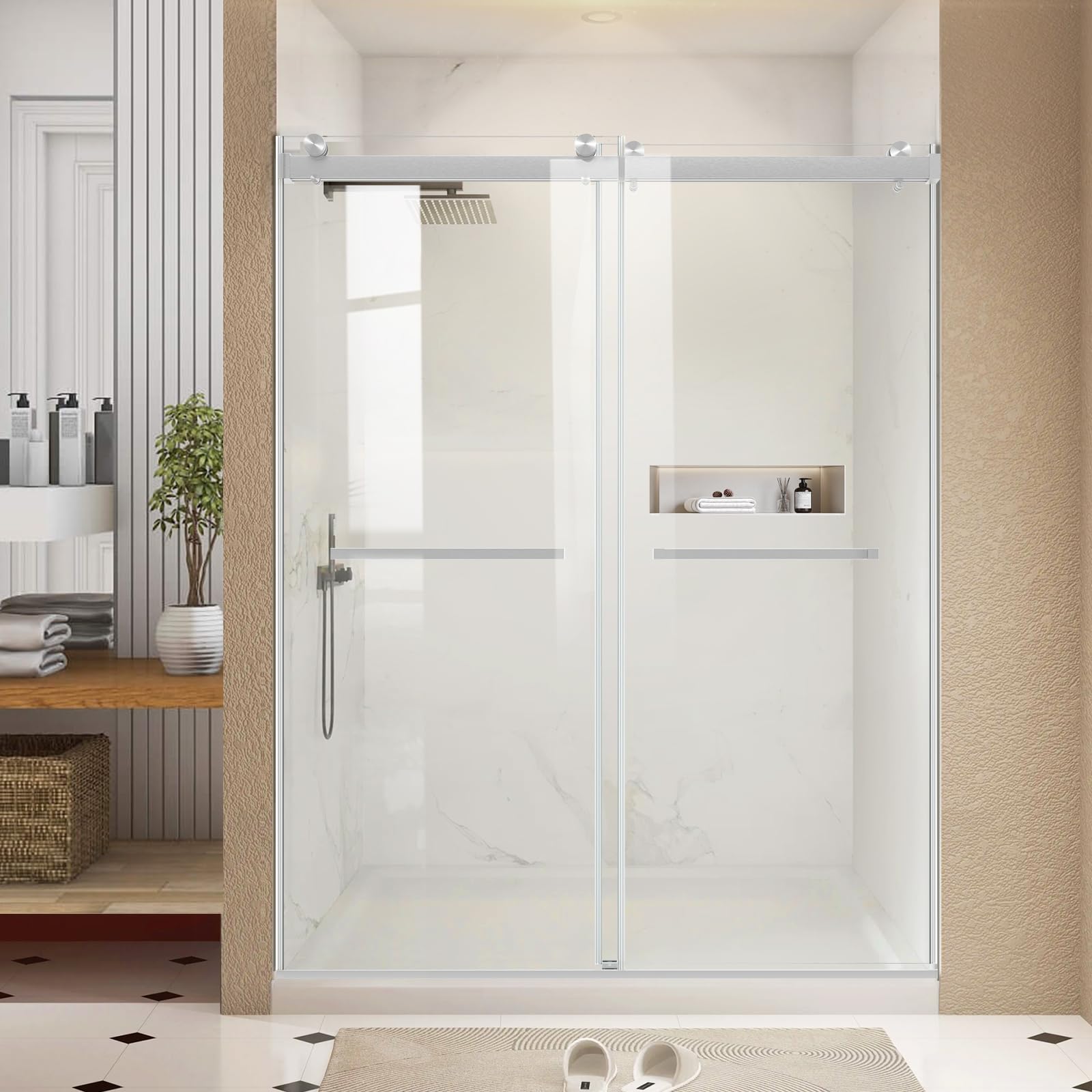 60" W x 76" H Semi-Frameless Double Sliding Bypass Shower Door with 5/16" (8 mm)  Easy-Clean Tempered Glass and Towel Bar #Color_Brushed Nickel