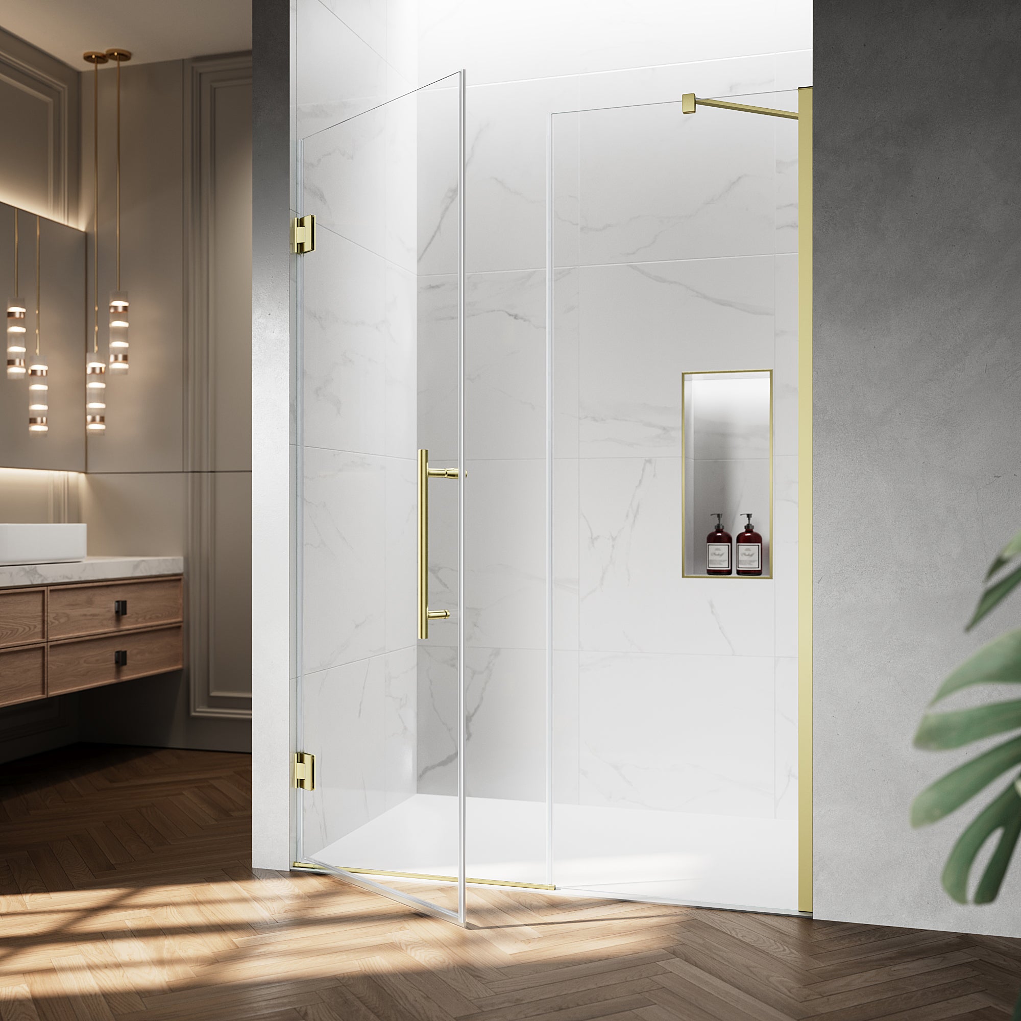 52" / 60" W x 72" / 74" H Frameless Hinged Shower Door with 5/16" (8 mm) Clear Tempered Glass and 180° Pivoting #Color_Brushed Gold