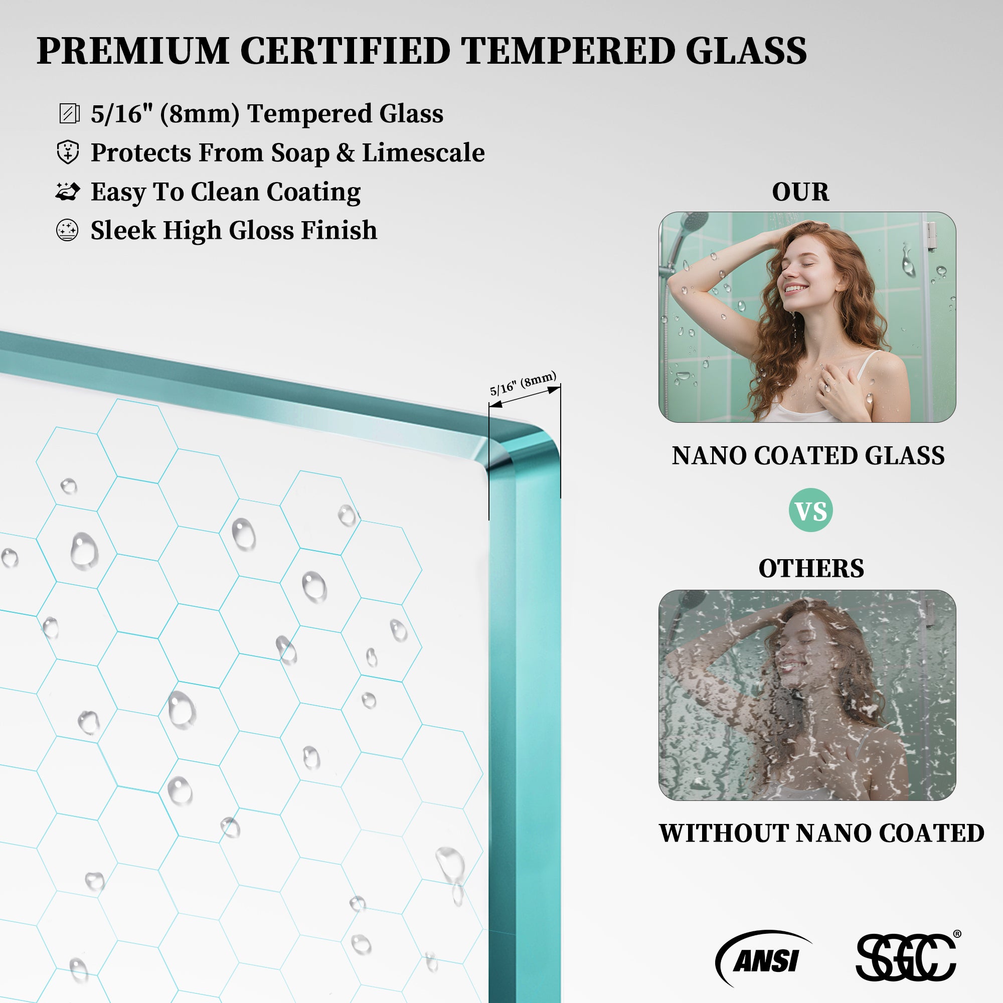 52" / 60" W x 72" / 74" H Frameless Hinged Shower Door with 5/16" (8 mm) Clear Tempered Glass and 180° Pivoting