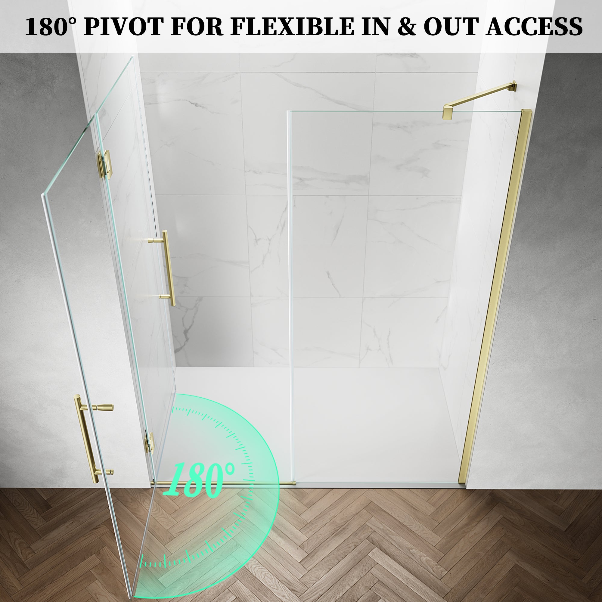 52" / 60" W x 72" / 74" H Frameless Hinged Shower Door with 5/16" (8 mm) Clear Tempered Glass and 180° Pivoting #Color_Brushed Gold