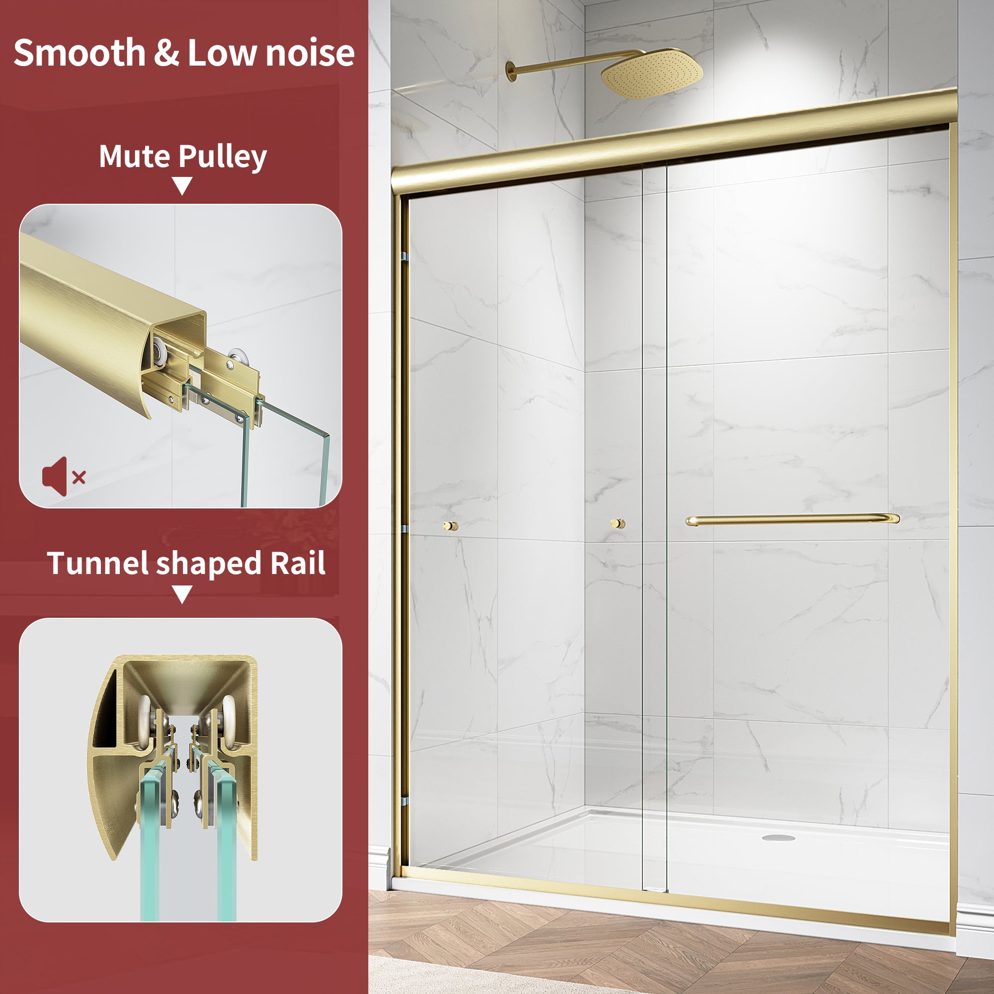 48"/60" W x 72"/76" H Framed Double Sliding Door with 1/4" (6 mm) Clear Tempered Nano Coating Glass and Towel Bar #Color_ Brushed Gold