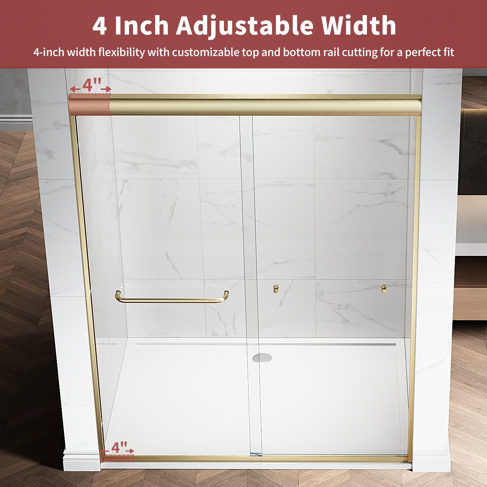 48"/60" W x 72"/76" H Framed Double Sliding Door with 1/4" (6 mm) Clear Tempered Nano Coating Glass and Towel Bar #Color_ Brushed Gold