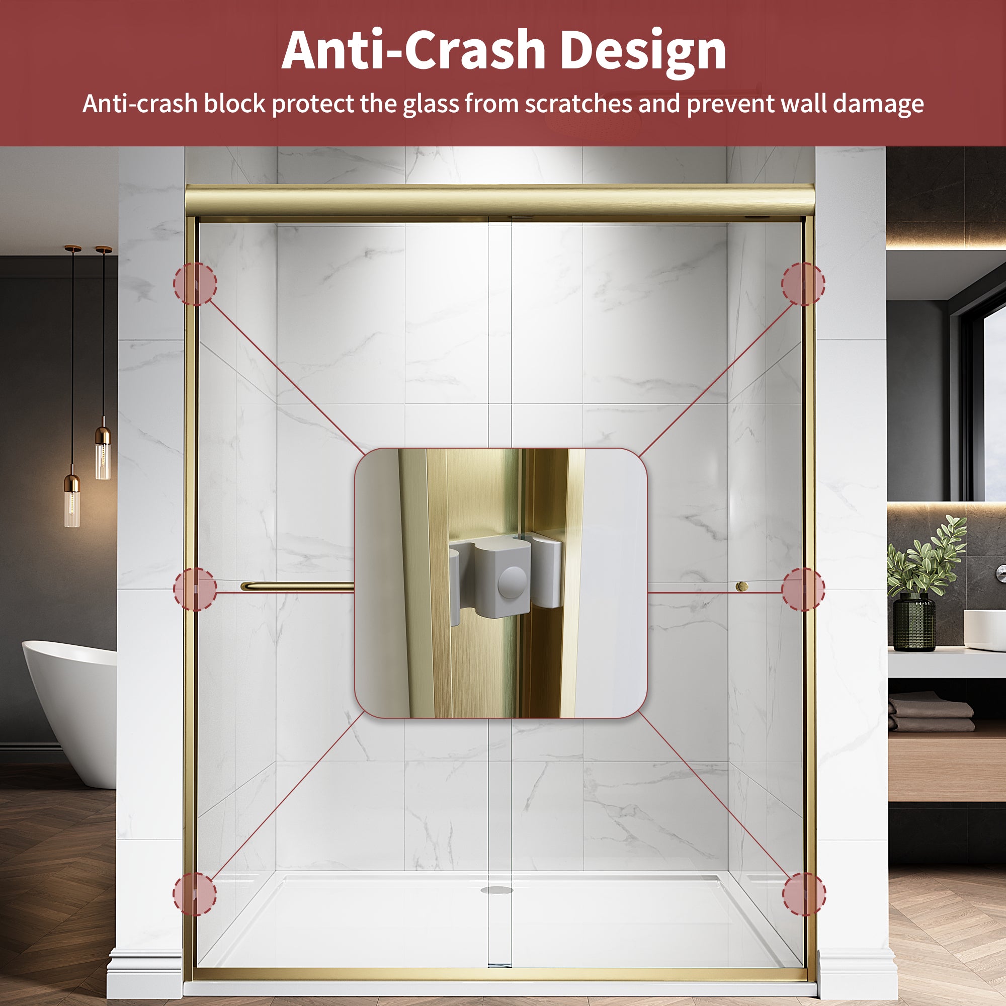 48"/60" W x 72"/76" H Framed Double Sliding Door with 1/4" (6 mm) Clear Tempered Nano Coating Glass and Towel Bar #Color_ Brushed Gold