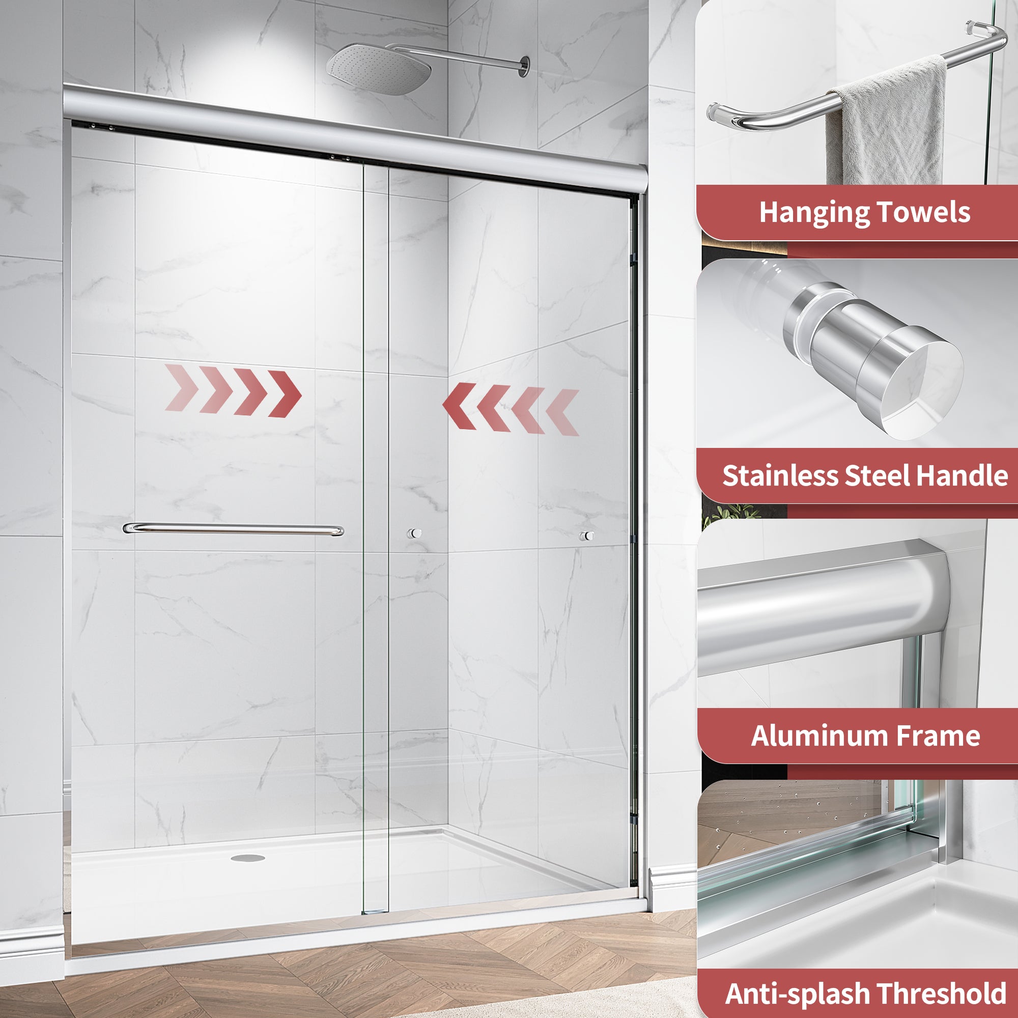 48"/60" W x 72"/76" H Framed Double Sliding Door with 1/4" (6 mm) Clear Tempered Nano Coating Glass and Towel Bar #Color_ Brushed Gold