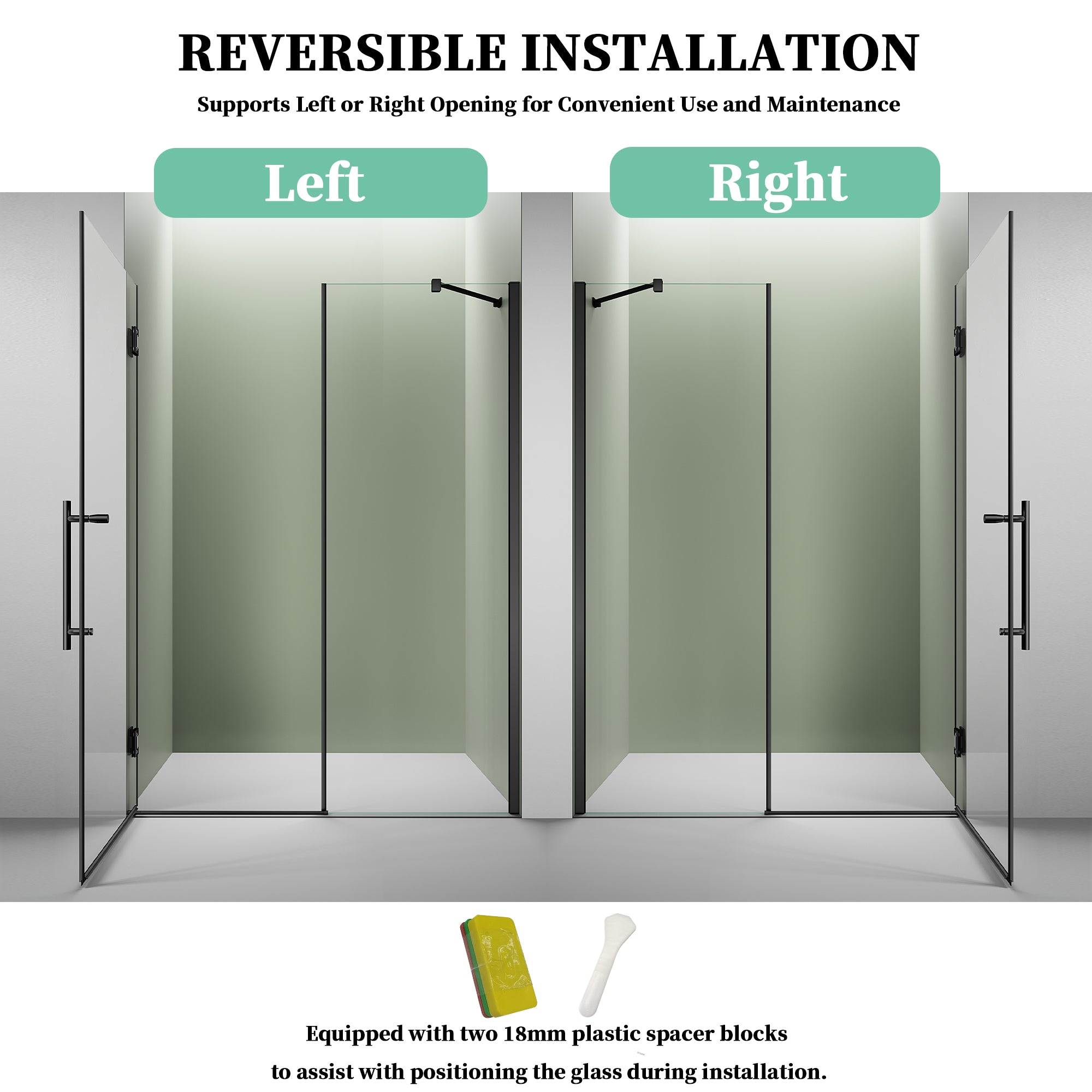 52" / 60" W x 72" / 74" H Frameless Hinged Shower Door with 5/16" (8 mm) Clear Tempered Glass and 180° Pivoting #Color_Matte Black